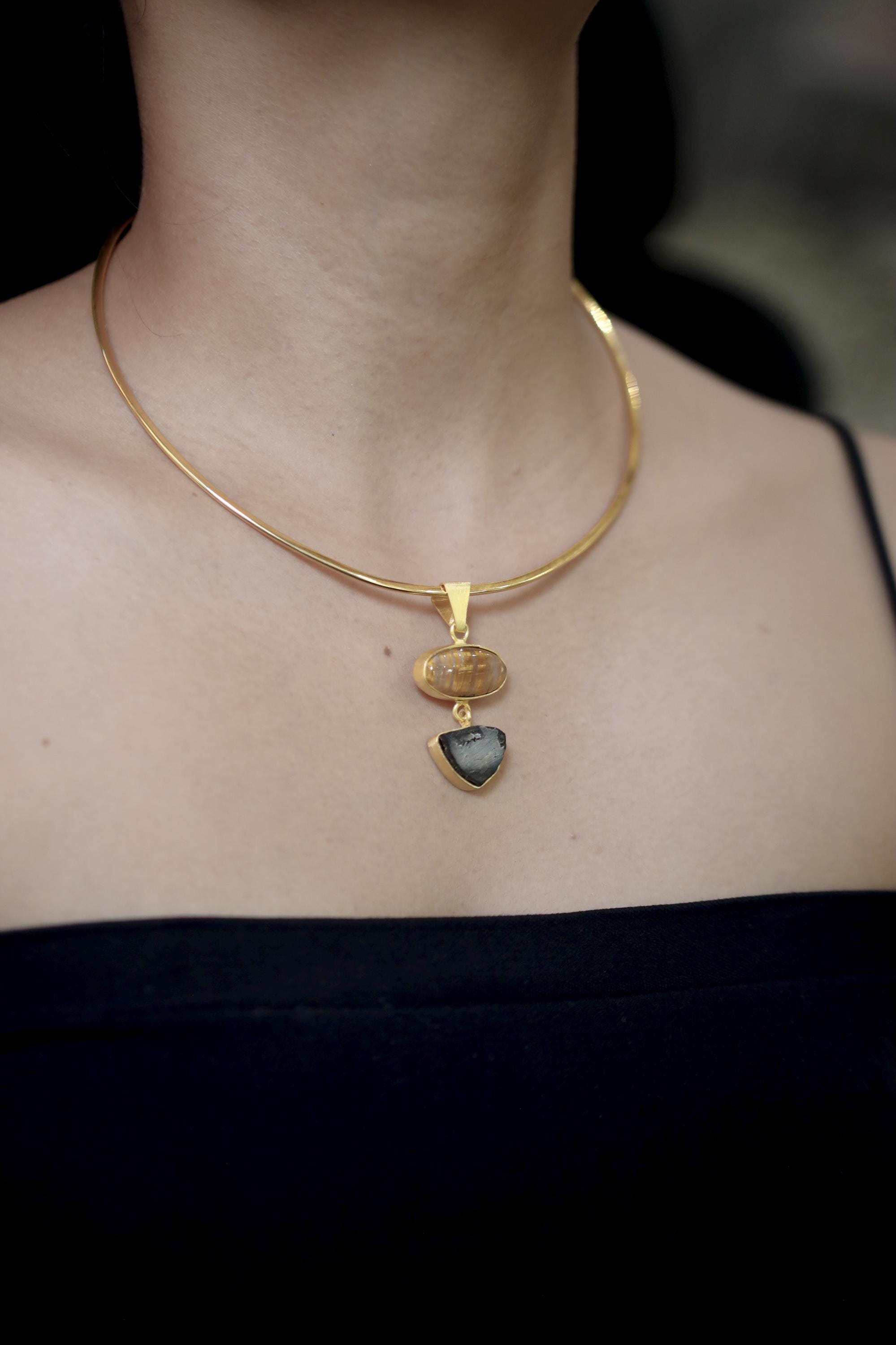 Golden Rutile & Dravite Brown Tourmaline Pendant, 18K Gold Plated 925 Silver, Brushed Textured Talisman, Chakra Energy, Handmade Jewelry