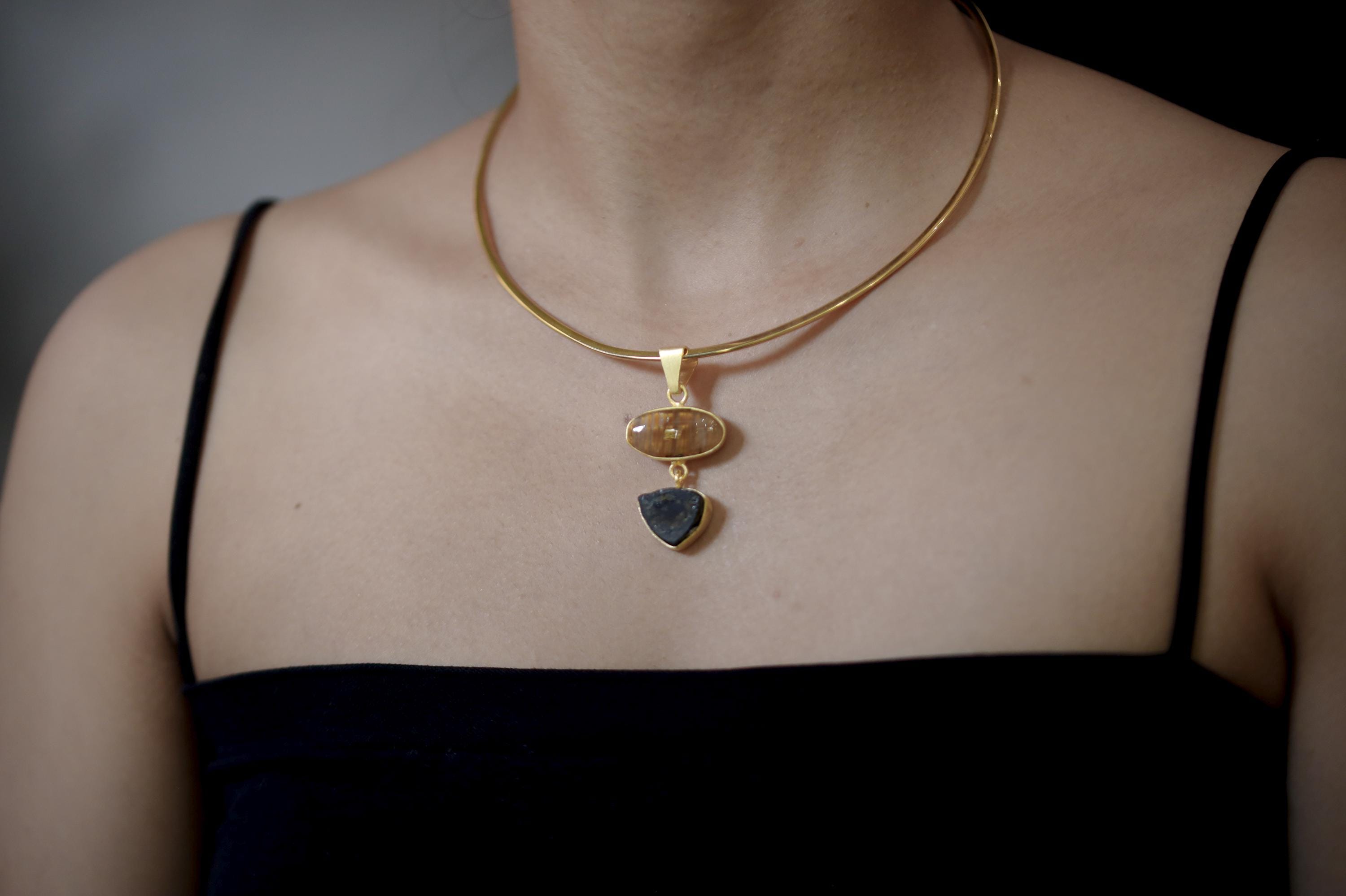 Golden Rutile & Dravite Brown Tourmaline Pendant, 18K Gold Plated 925 Silver, Brushed Textured Talisman, Chakra Energy, Handmade Jewelry