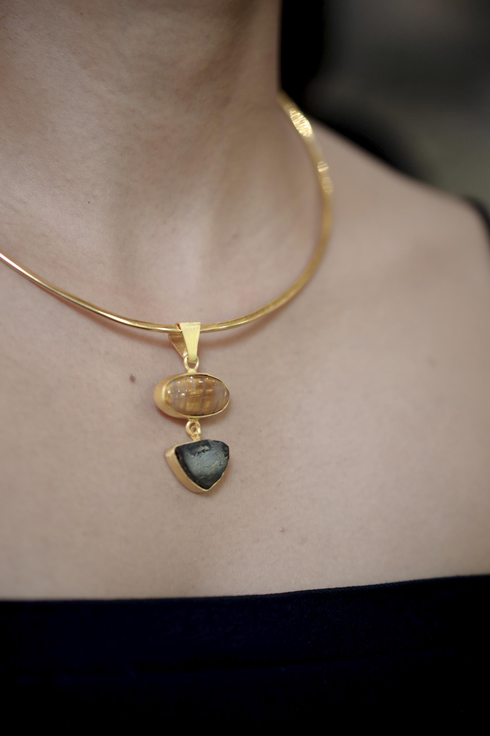 Golden Rutile & Dravite Brown Tourmaline Pendant, 18K Gold Plated 925 Silver, Brushed Textured Talisman, Chakra Energy, Handmade Jewelry