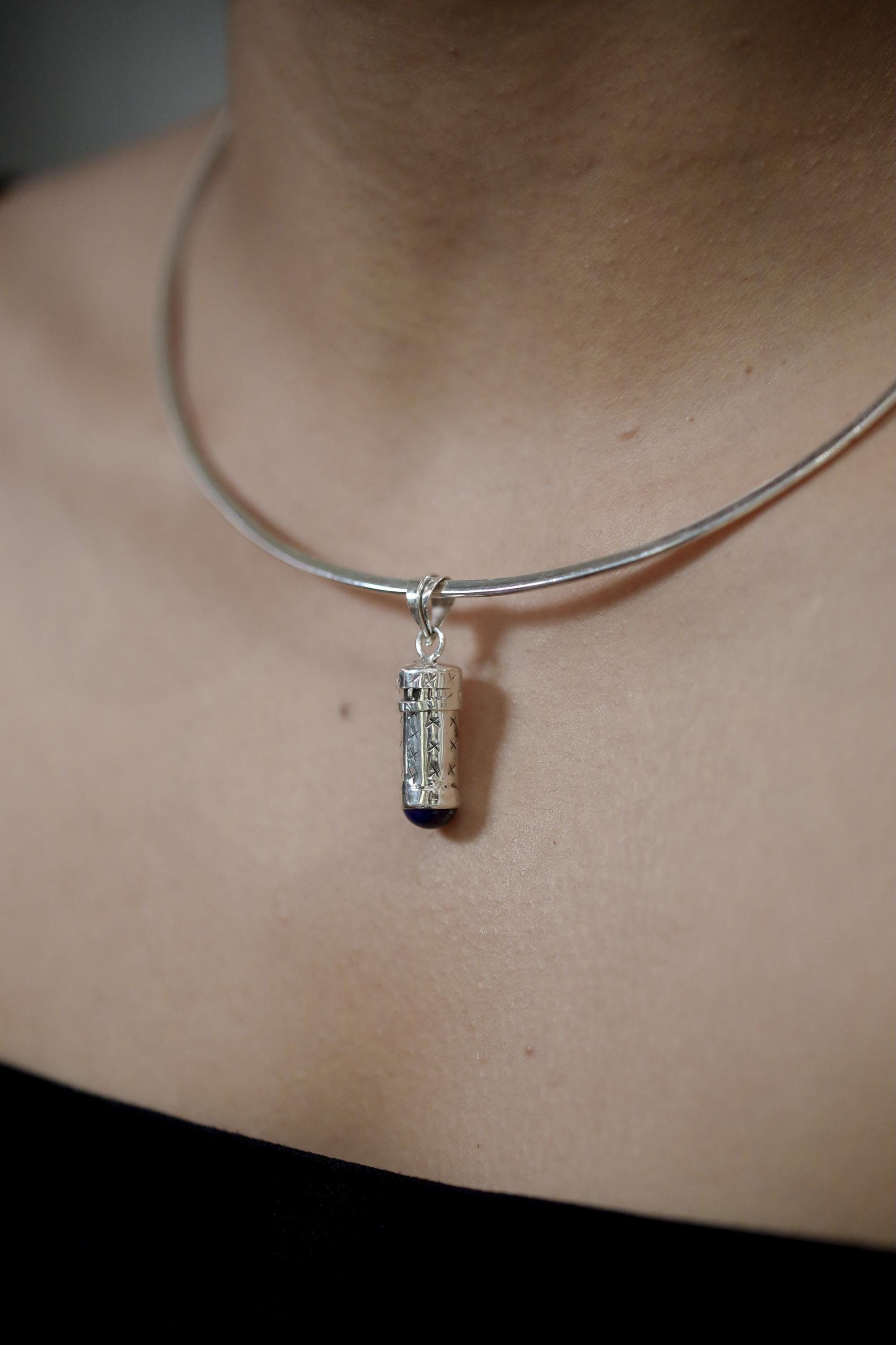 Silver Capsule Pendant Lapis Lazuli 925 Secret Holder Necklace High Polish Functional Keepsake Jewelry Gift