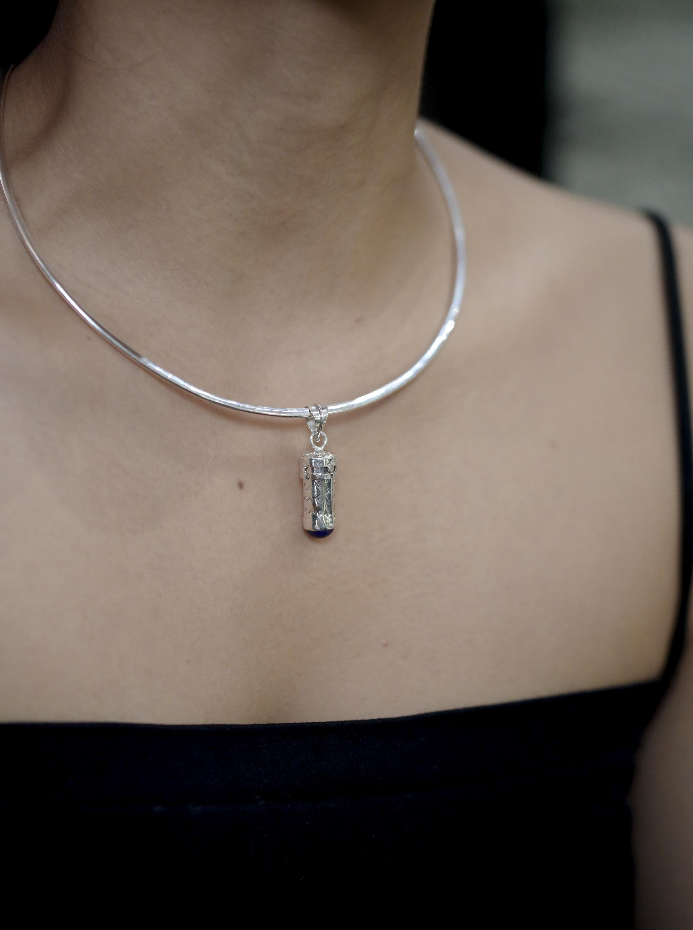 Silver Capsule Pendant Lapis Lazuli 925 Secret Holder Necklace High Polish Functional Keepsake Jewelry Gift