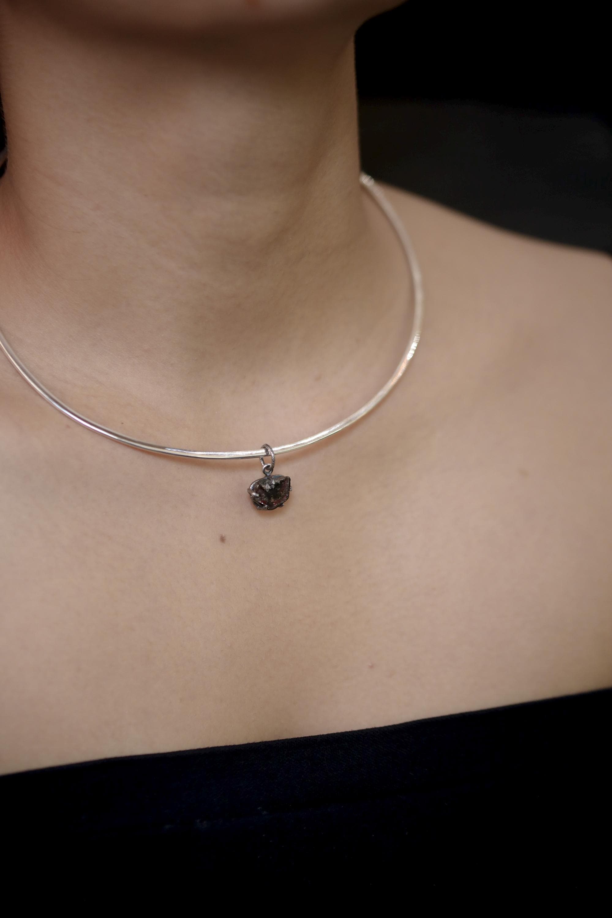 Polished slice of Natural Gem Pink Tourmaline (Rubellite) Wand Pendant, 925 Sterling Silver, Oxidized Hammer Texture, Crystal Jewelry Gift