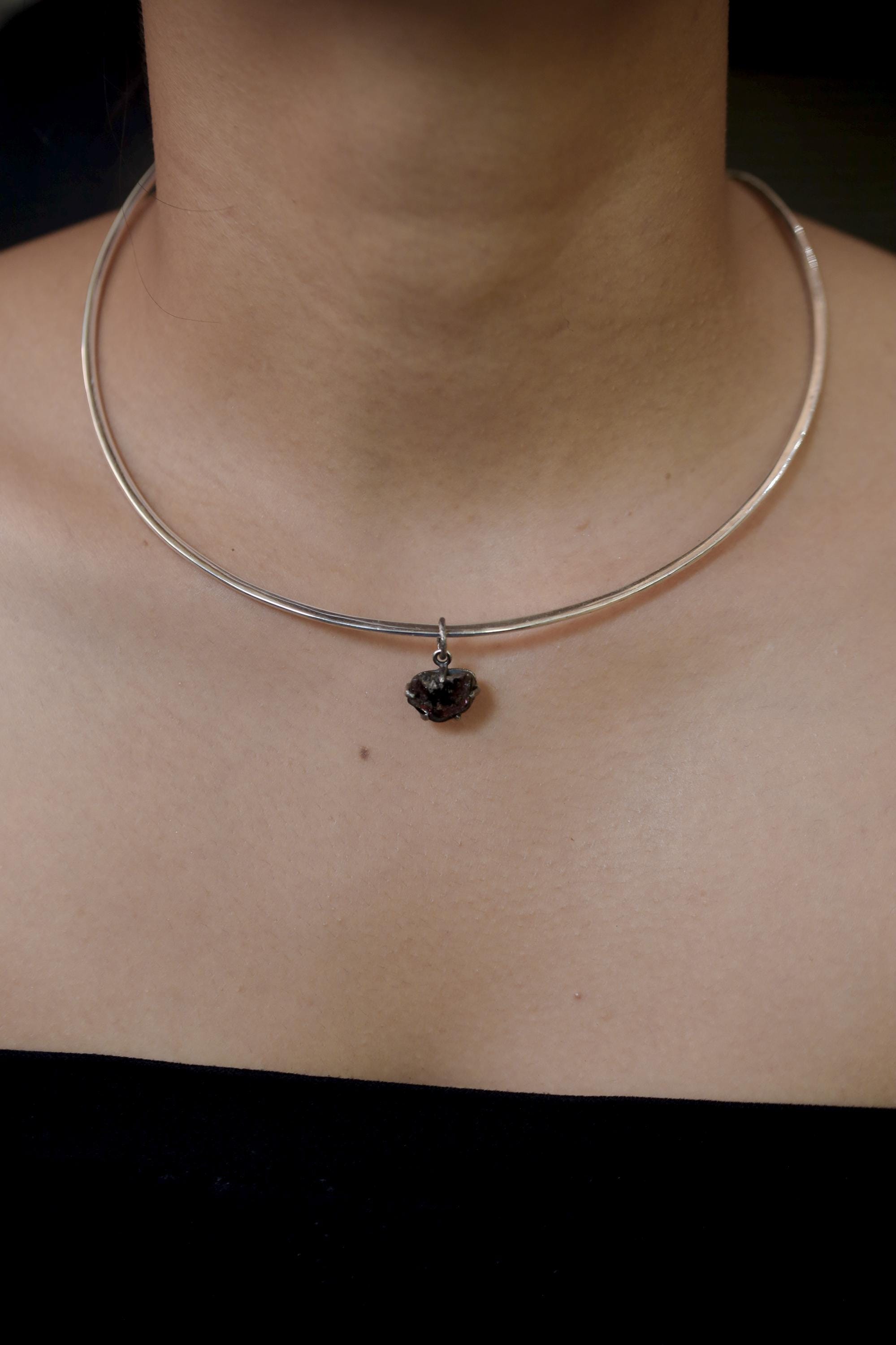 Polished slice of Natural Gem Pink Tourmaline (Rubellite) Wand Pendant, 925 Sterling Silver, Oxidized Hammer Texture, Crystal Jewelry Gift