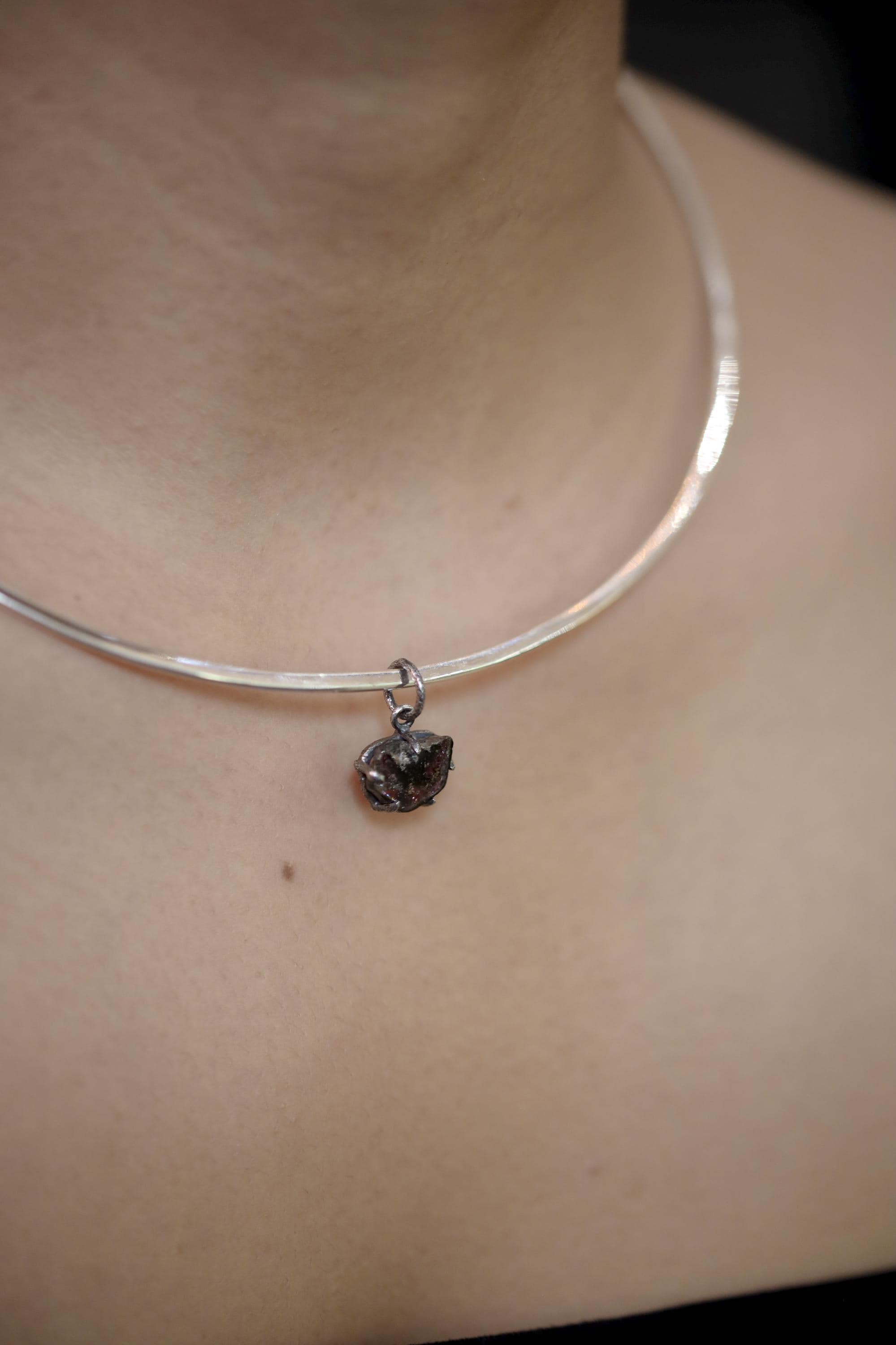 Polished slice of Natural Gem Pink Tourmaline (Rubellite) Wand Pendant, 925 Sterling Silver, Oxidized Hammer Texture, Crystal Jewelry Gift