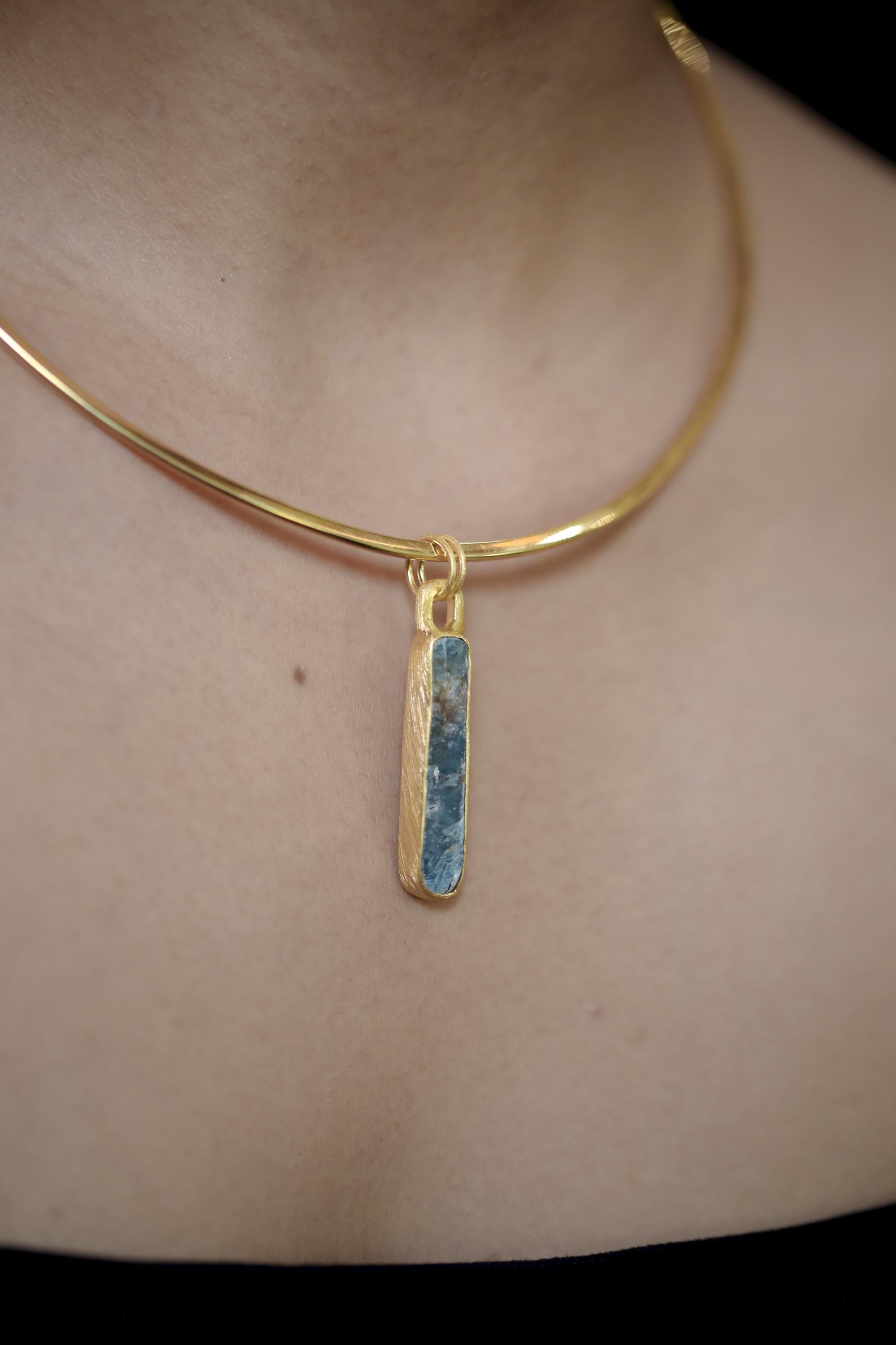Australian Ocean Kyanite Pendant, 925 Silver, 18K Gold Plated, Raw Long Bar Necklace, Sand Textured Finish, Pisces Healing Jewelry