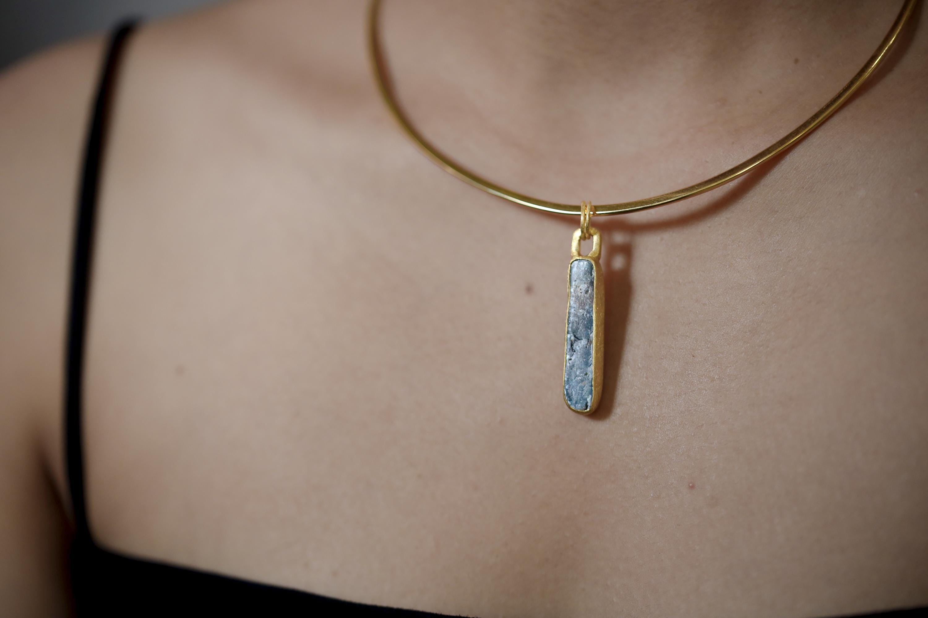 Australian Ocean Kyanite Pendant, 925 Silver, 18K Gold Plated, Raw Long Bar Necklace, Sand Textured Finish, Pisces Healing Jewelry