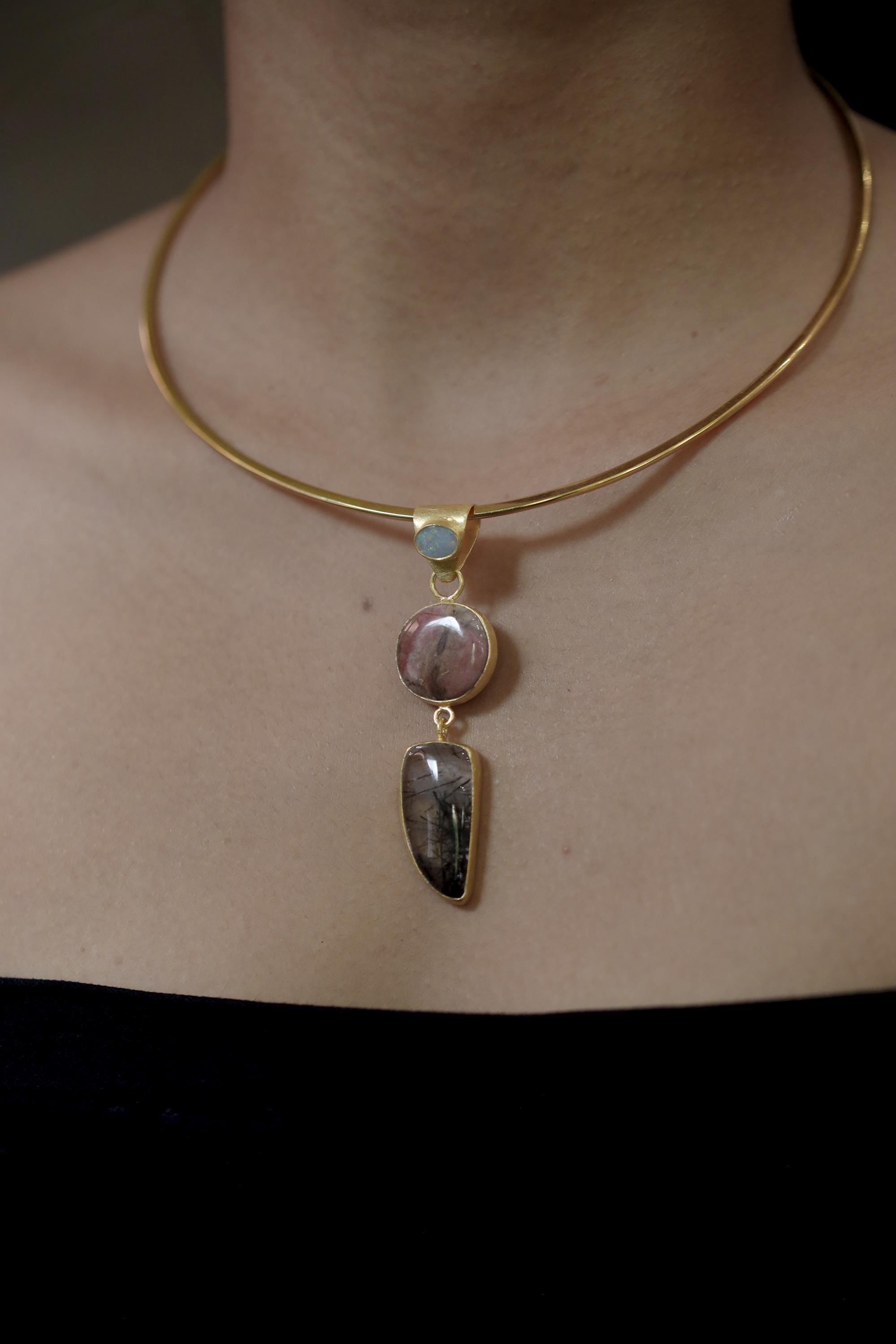 Australian Opal Rhodochrosite Rutilated Quartz Pendant 18K Gold Plated 925 Silver, Brushed Textured, Crystal Jewelry, Handmade Talisman Gift