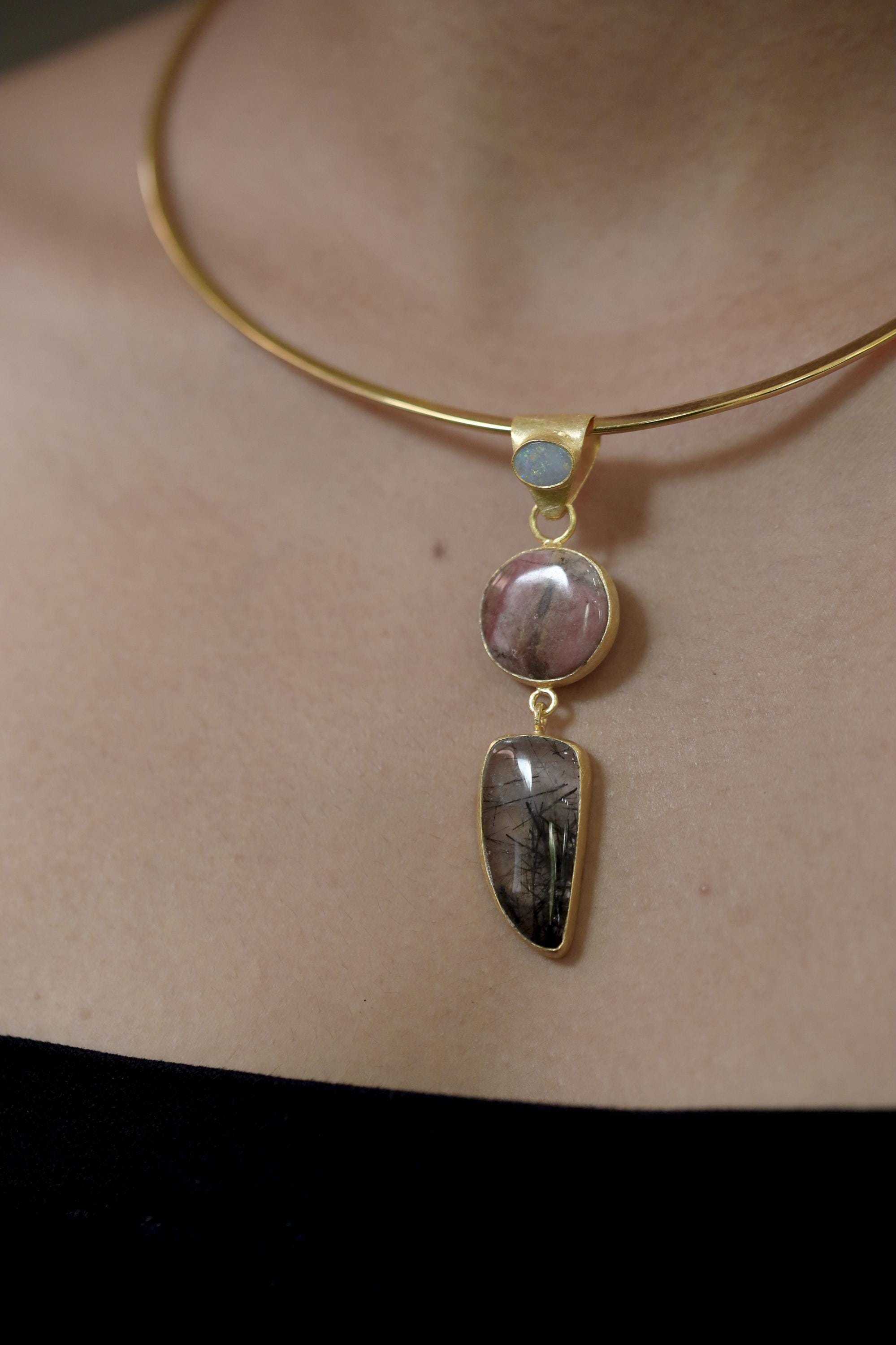 Australian Opal Rhodochrosite Rutilated Quartz Pendant 18K Gold Plated 925 Silver, Brushed Textured, Crystal Jewelry, Handmade Talisman Gift