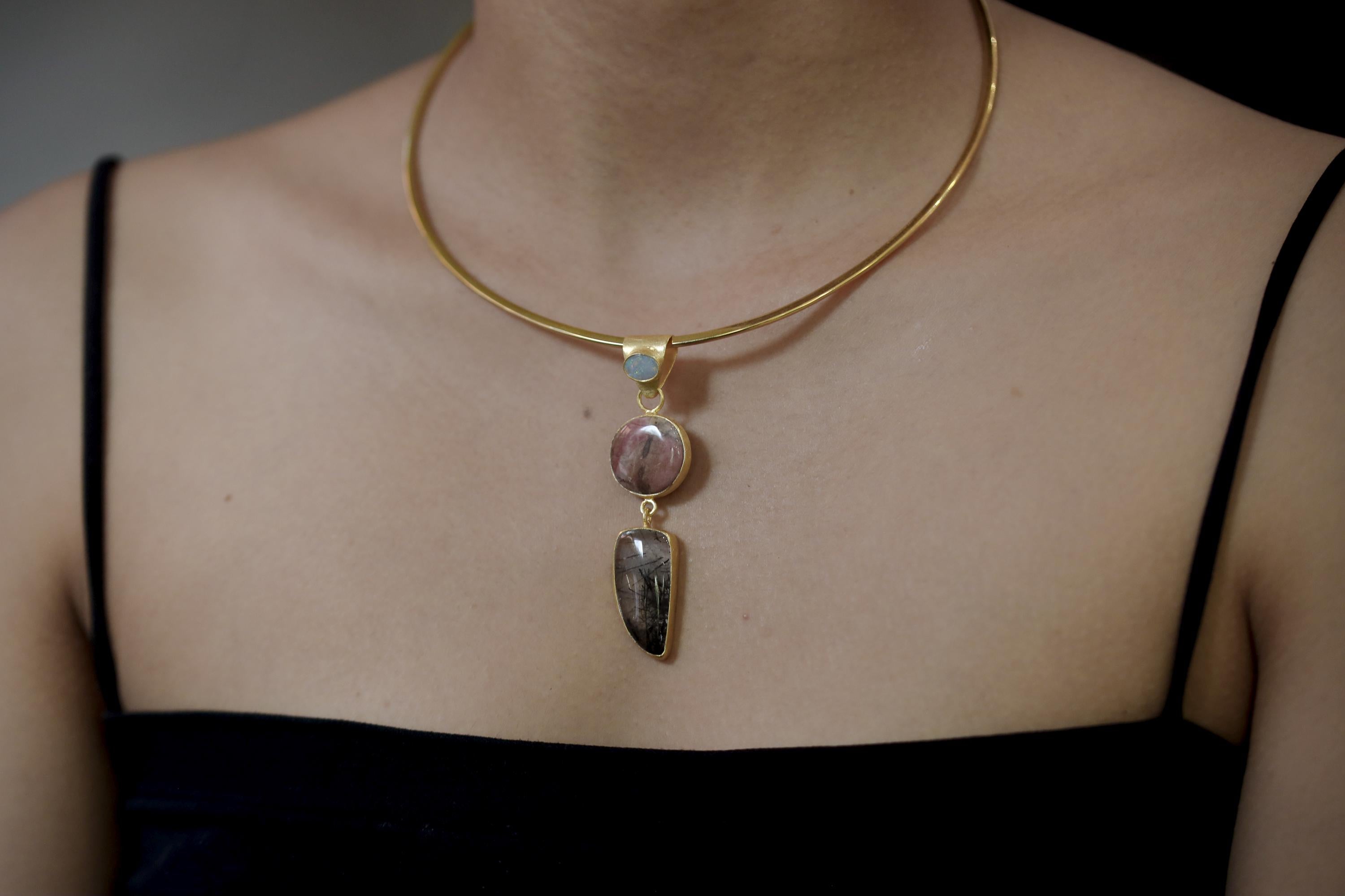 Australian Opal Rhodochrosite Rutilated Quartz Pendant 18K Gold Plated 925 Silver, Brushed Textured, Crystal Jewelry, Handmade Talisman Gift