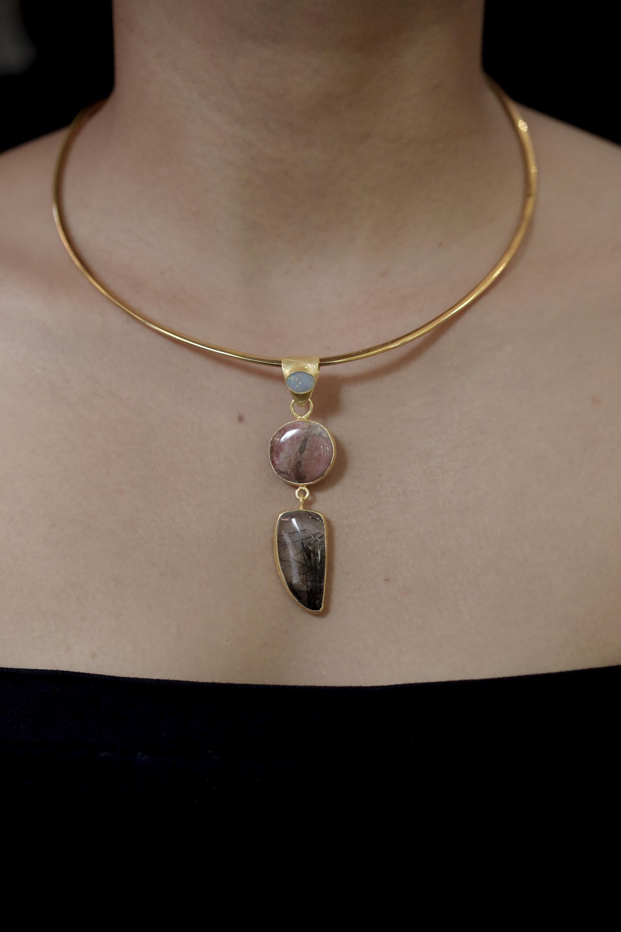 Australian Opal Rhodochrosite Rutilated Quartz Pendant 18K Gold Plated 925 Silver, Brushed Textured, Crystal Jewelry, Handmade Talisman Gift