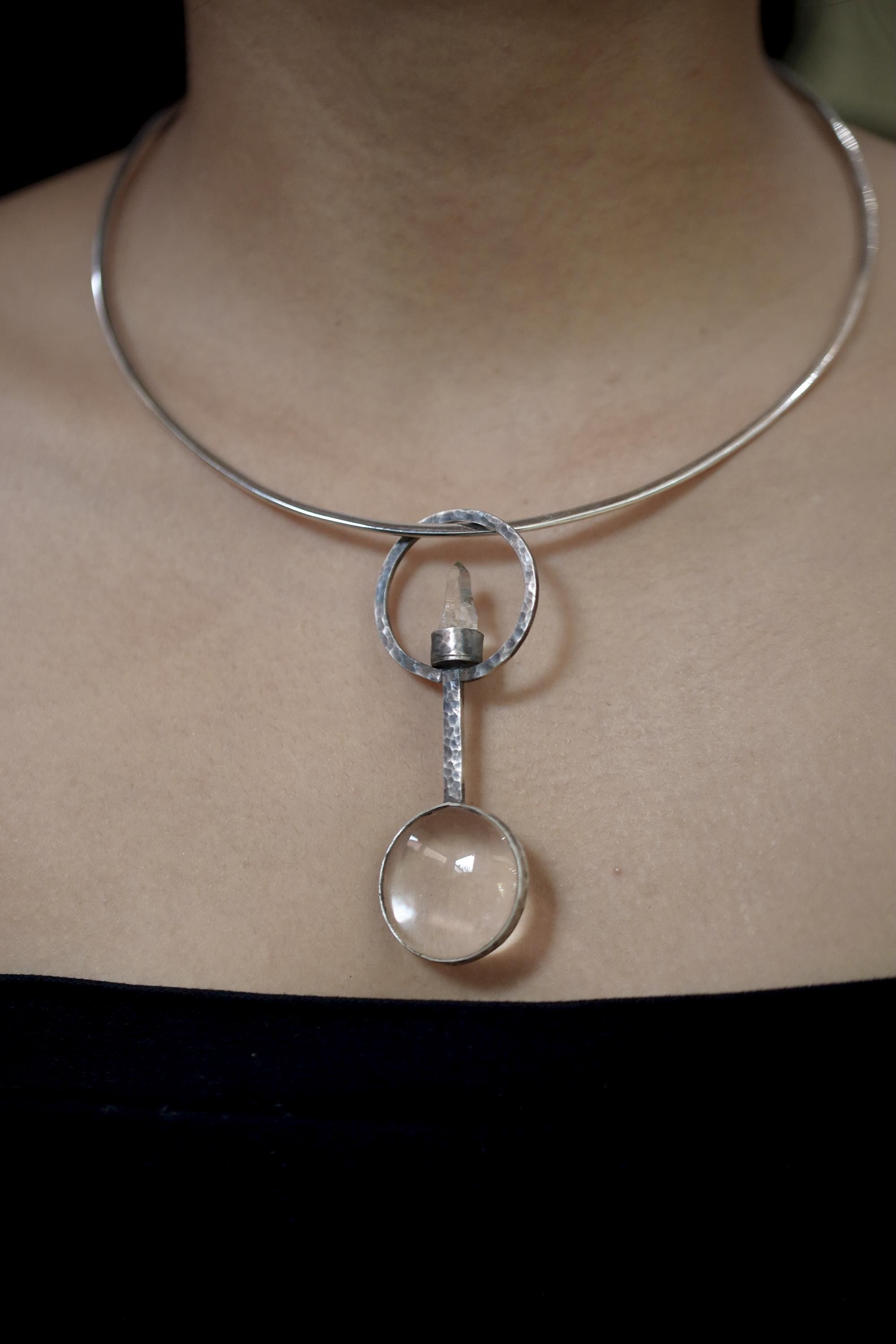 Himalayan Lemurian Laser Quartz Pendant, 925 Silver Functional Jewelry, 5x Magnifying Glass Fire Starter, Hammered Oxidized Silver