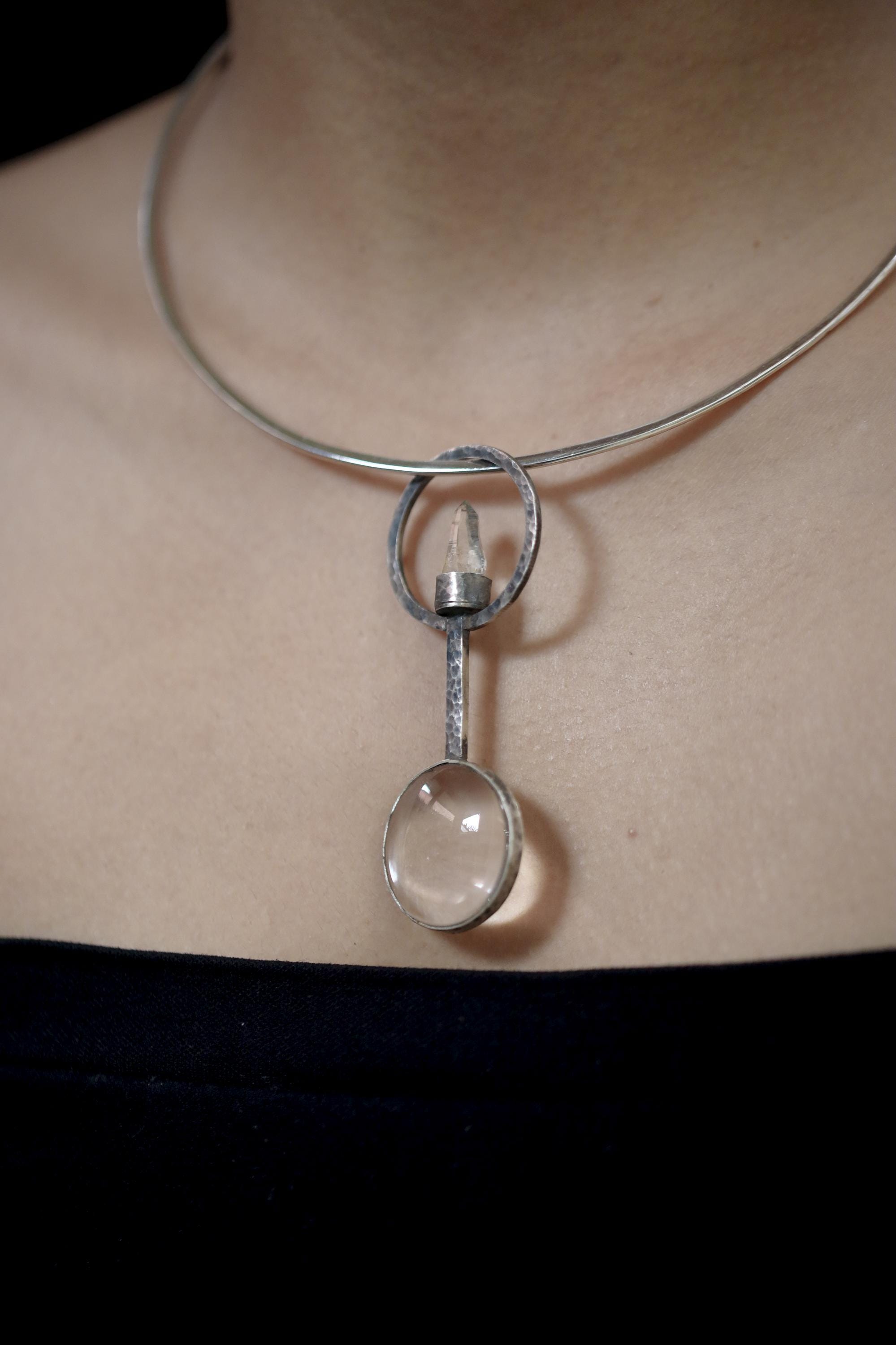 Himalayan Lemurian Laser Quartz Pendant, 925 Silver Functional Jewelry, 5x Magnifying Glass Fire Starter, Hammered Oxidized Silver