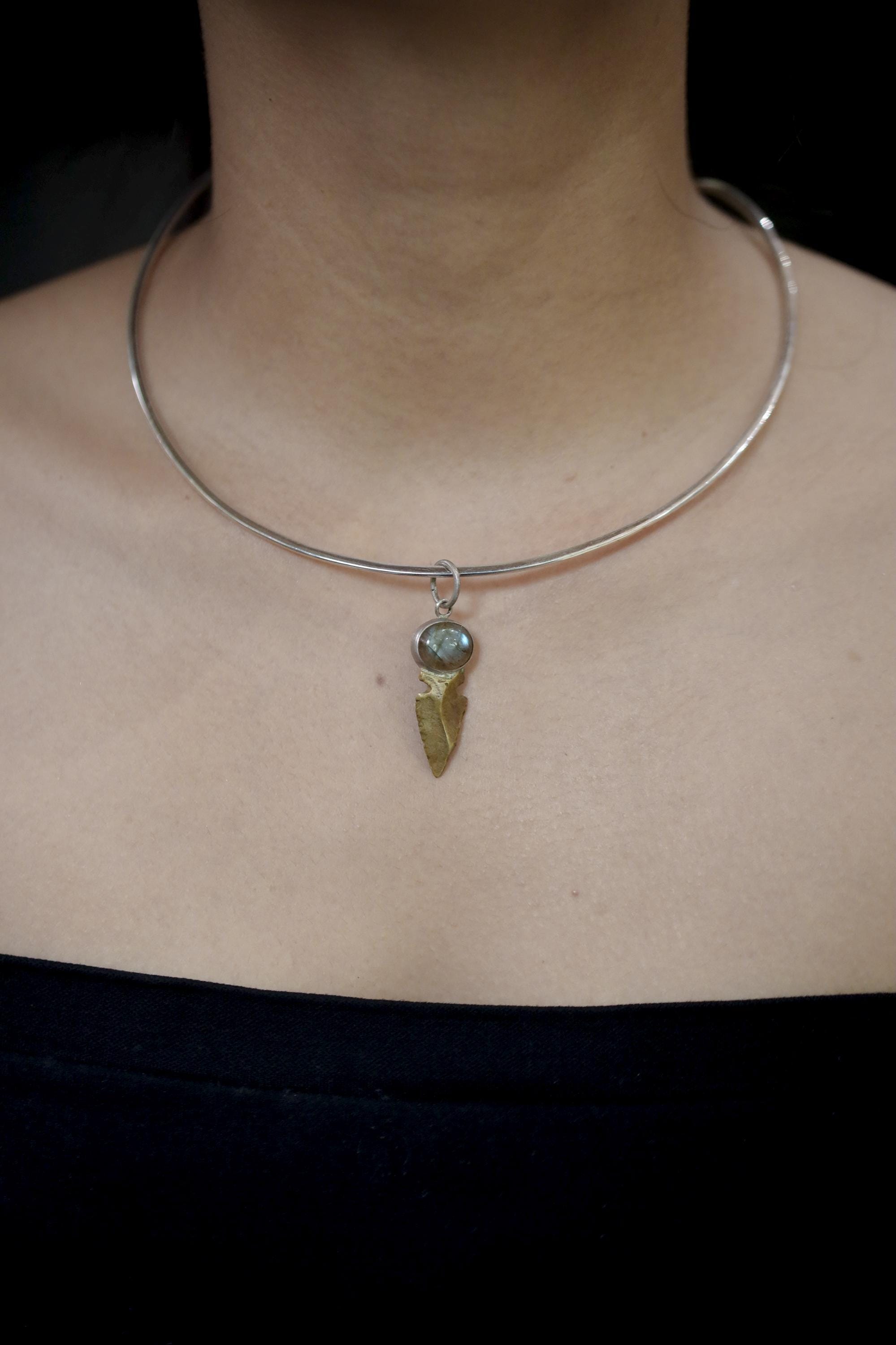 Labradorite Obsidian Pendant Sterling Silver Brass Spearhead Necklace Third Eye Root Chakra Talisman Gift