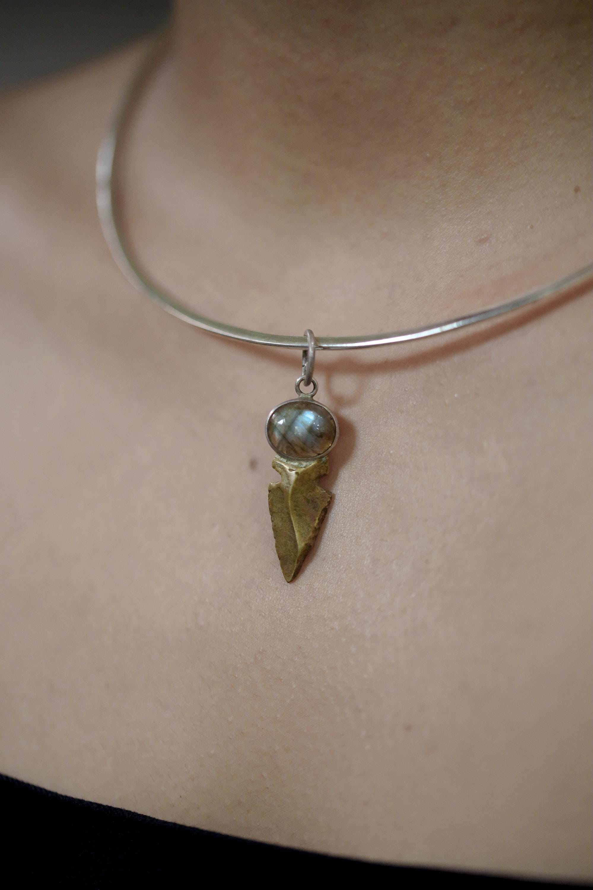 Labradorite Obsidian Pendant Sterling Silver Brass Spearhead Necklace Third Eye Root Chakra Talisman Gift