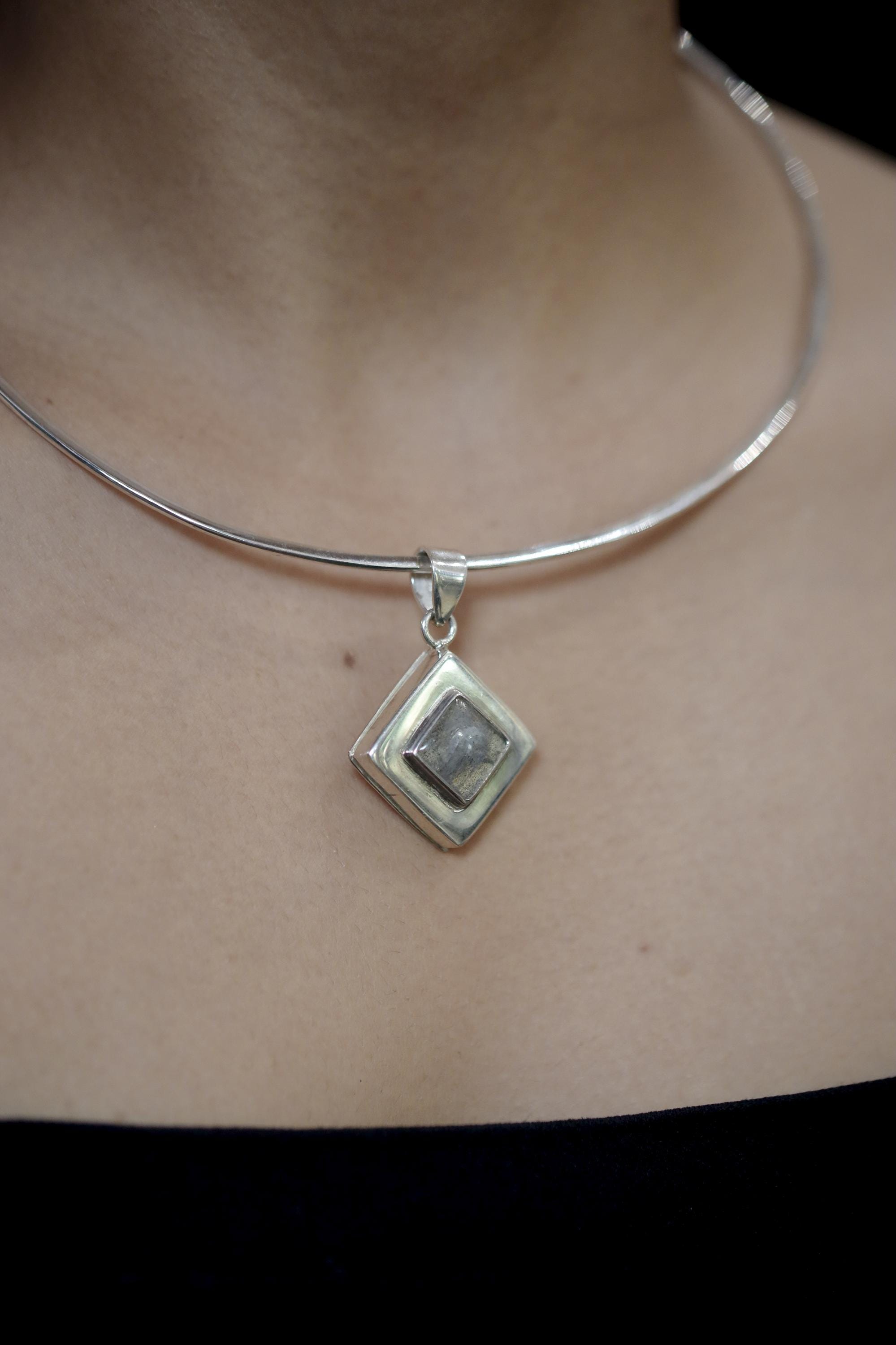 Labradorite Silver Locket Pendant, Diamond Shape, Third Eye Healing Stone