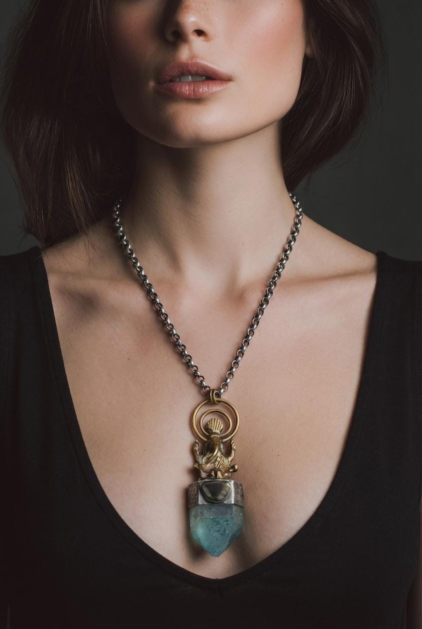 Ganesha Brass Cast Pendant, Aqua Aura Window Quartz Point Gem Grade Blue Tourmaline Slice, 925 Silver Bezel, Oxidized & Hammered Textured