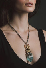 Ganesha Brass Cast Pendant, Aqua Aura Window Quartz Point Gem Grade Blue Tourmaline Slice, 925 Silver Bezel, Oxidized & Hammered Textured