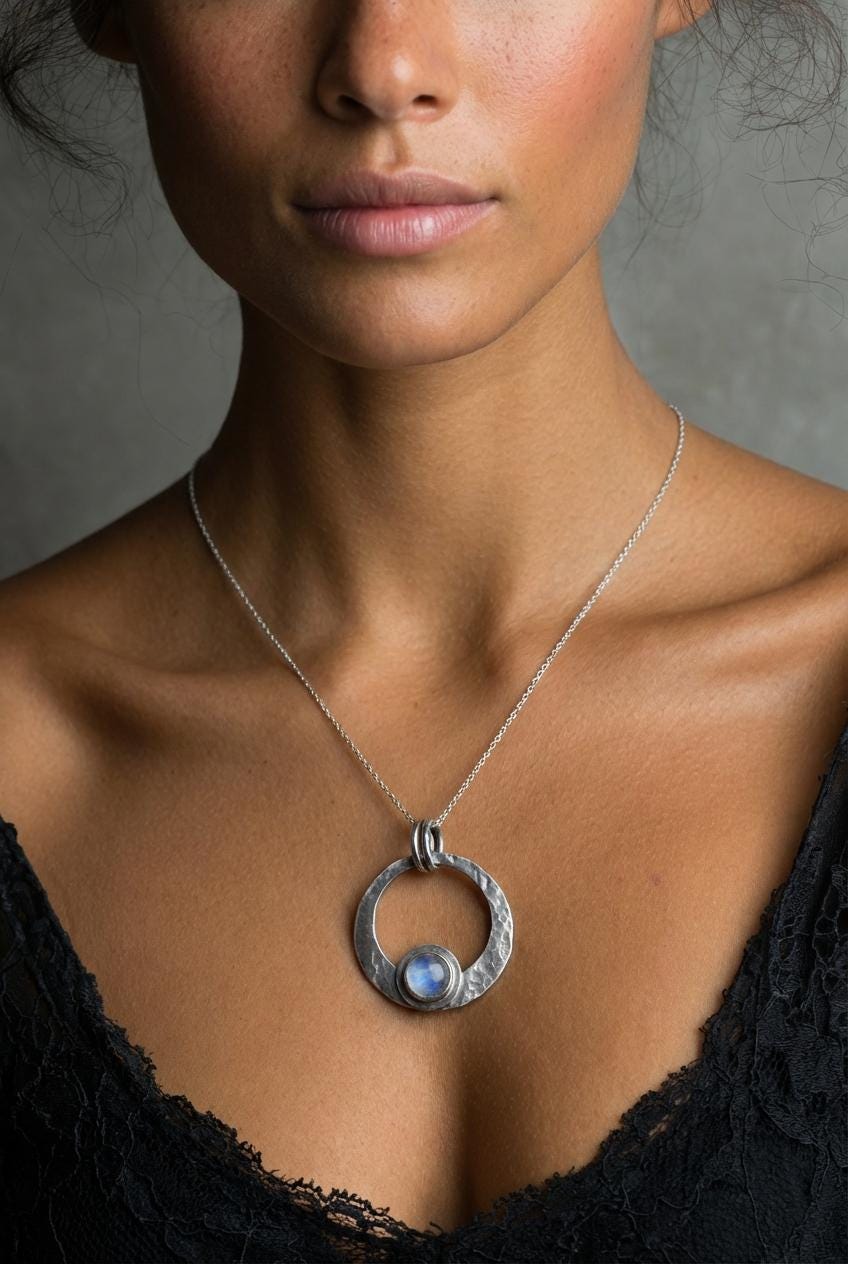 Hammered Oxidized Sterling Silver Moonstone Crescent Pendant: Cancer Zodiac