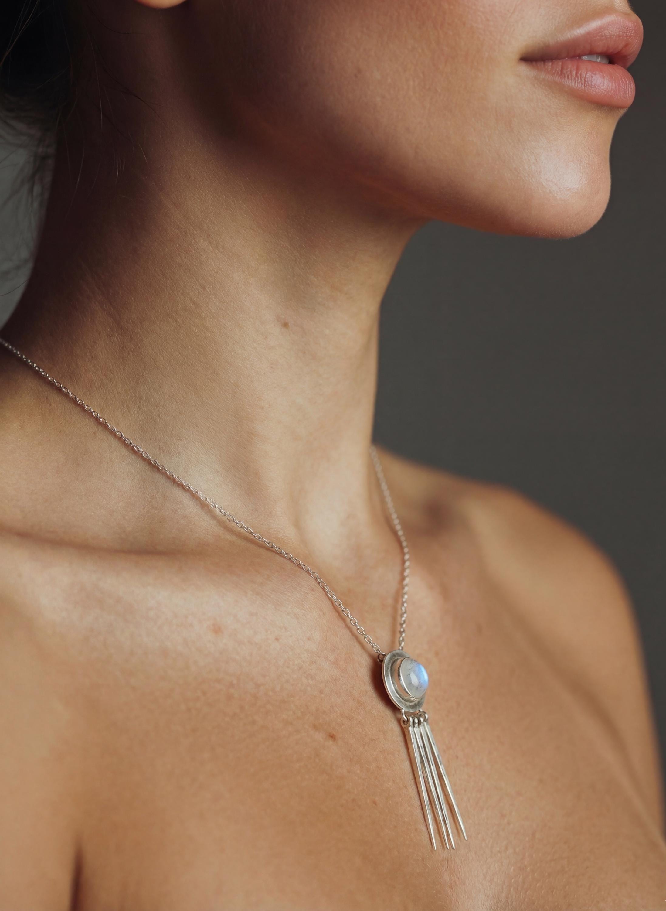 Hammered Sterling Silver Blue Moonstone Pendant: Artisan Crafted