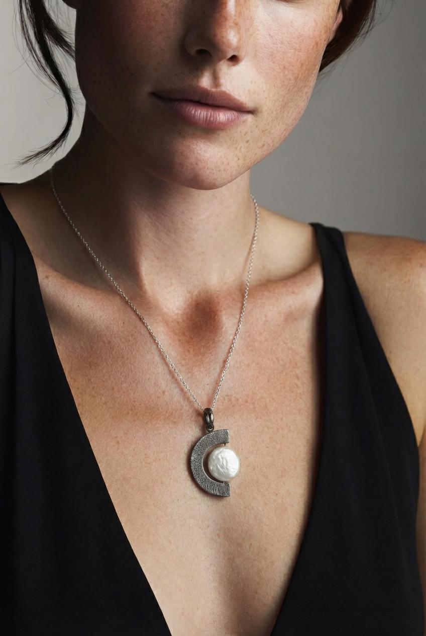 Oxidized Sterling Silver Pearl Pendant Necklace: Criss Cross Texture, Crown Chakra