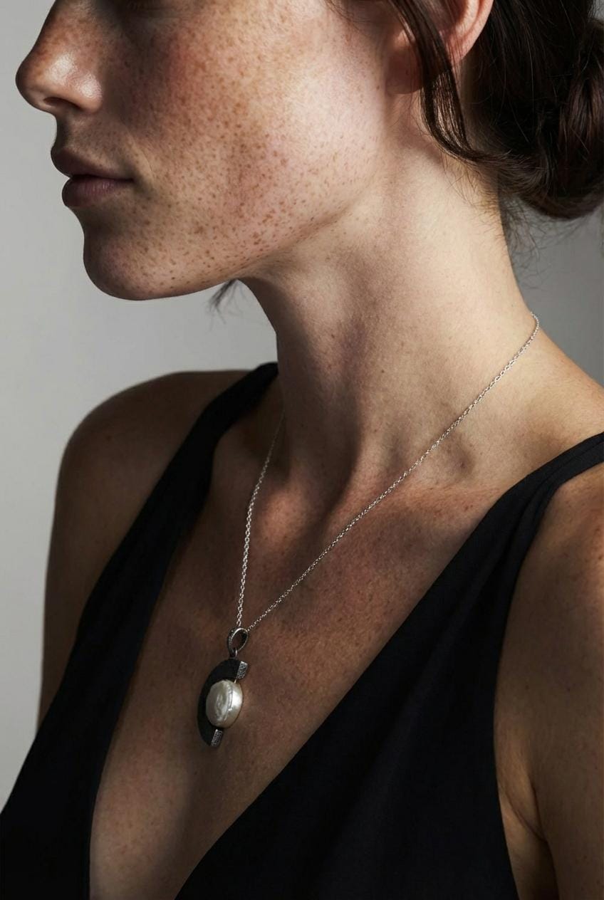 Oxidized Sterling Silver Pearl Pendant Necklace: Criss Cross Texture, Crown Chakra