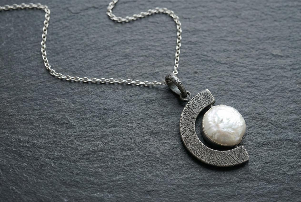 Oxidized Sterling Silver Pearl Pendant Necklace: Criss Cross Texture, Crown Chakra