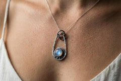 Oxidized Sterling Silver Moonstone Pendant: Boho Sun/Moon Jewelry