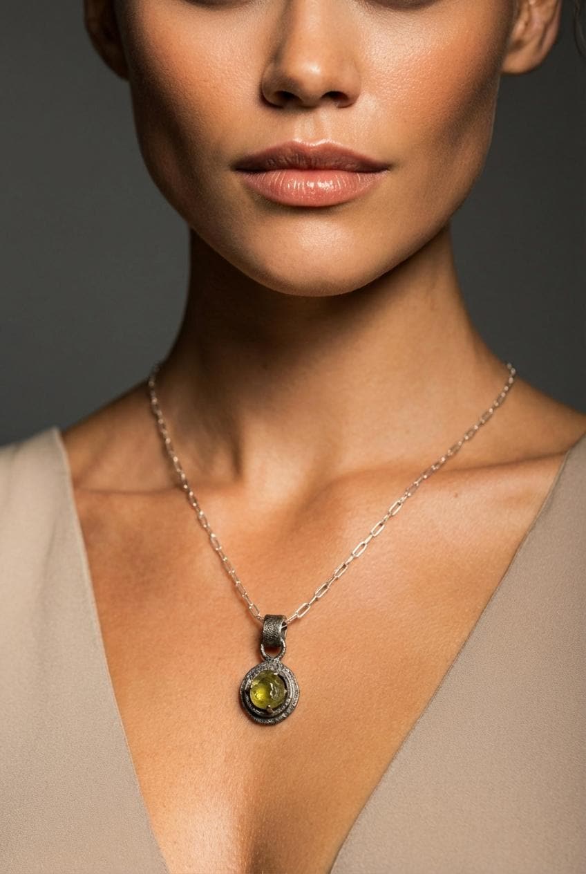 Oxidized Sterling Silver Peridot Pendant Necklace: Sand Textured Claw Setting