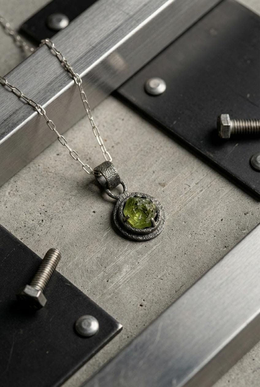 Oxidized Sterling Silver Peridot Pendant Necklace: Sand Textured Claw Setting