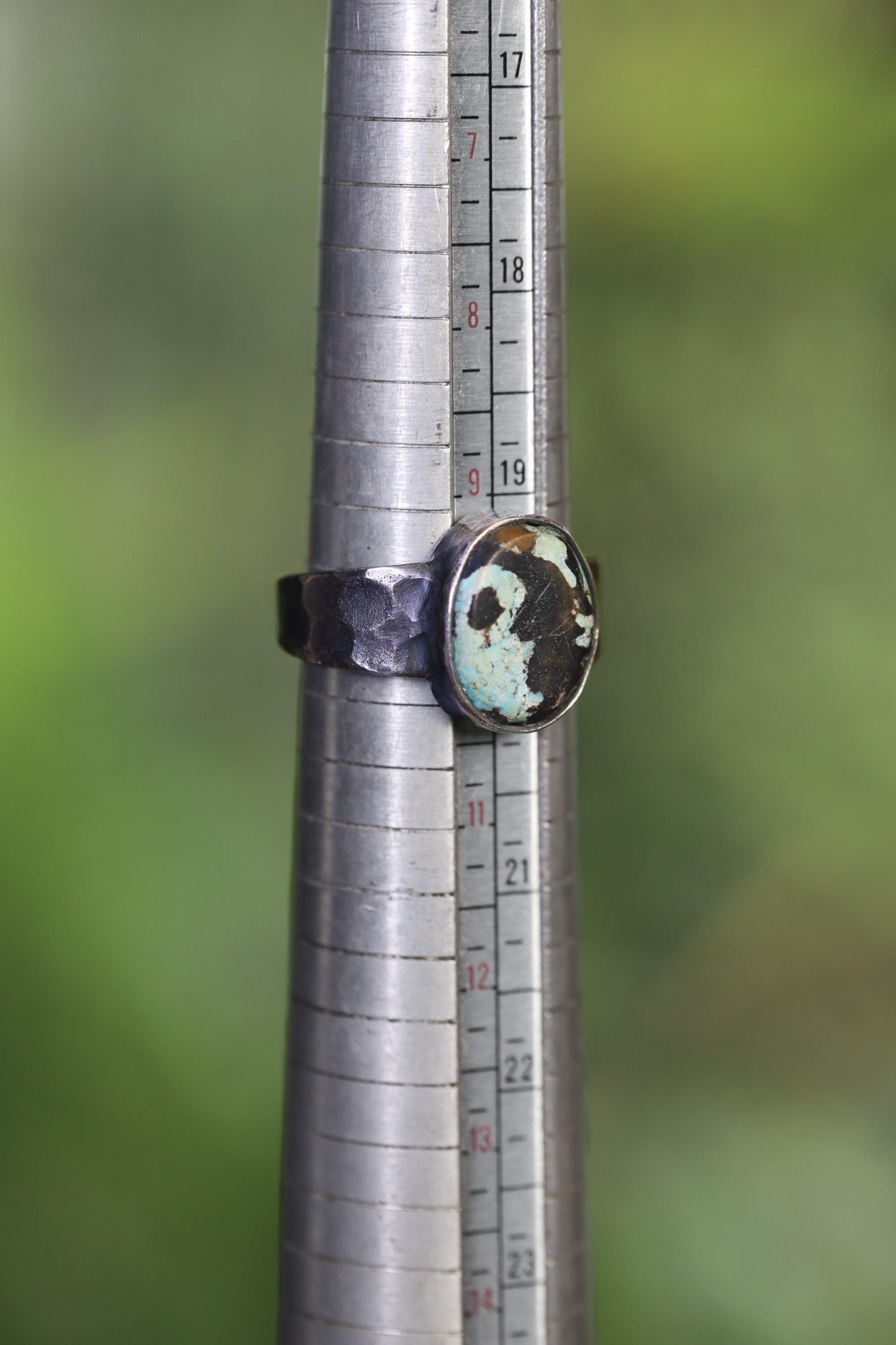 Tibetan Turquoise Ring, Oxidized Sterling Silver Hammered Band, Mens Size 10