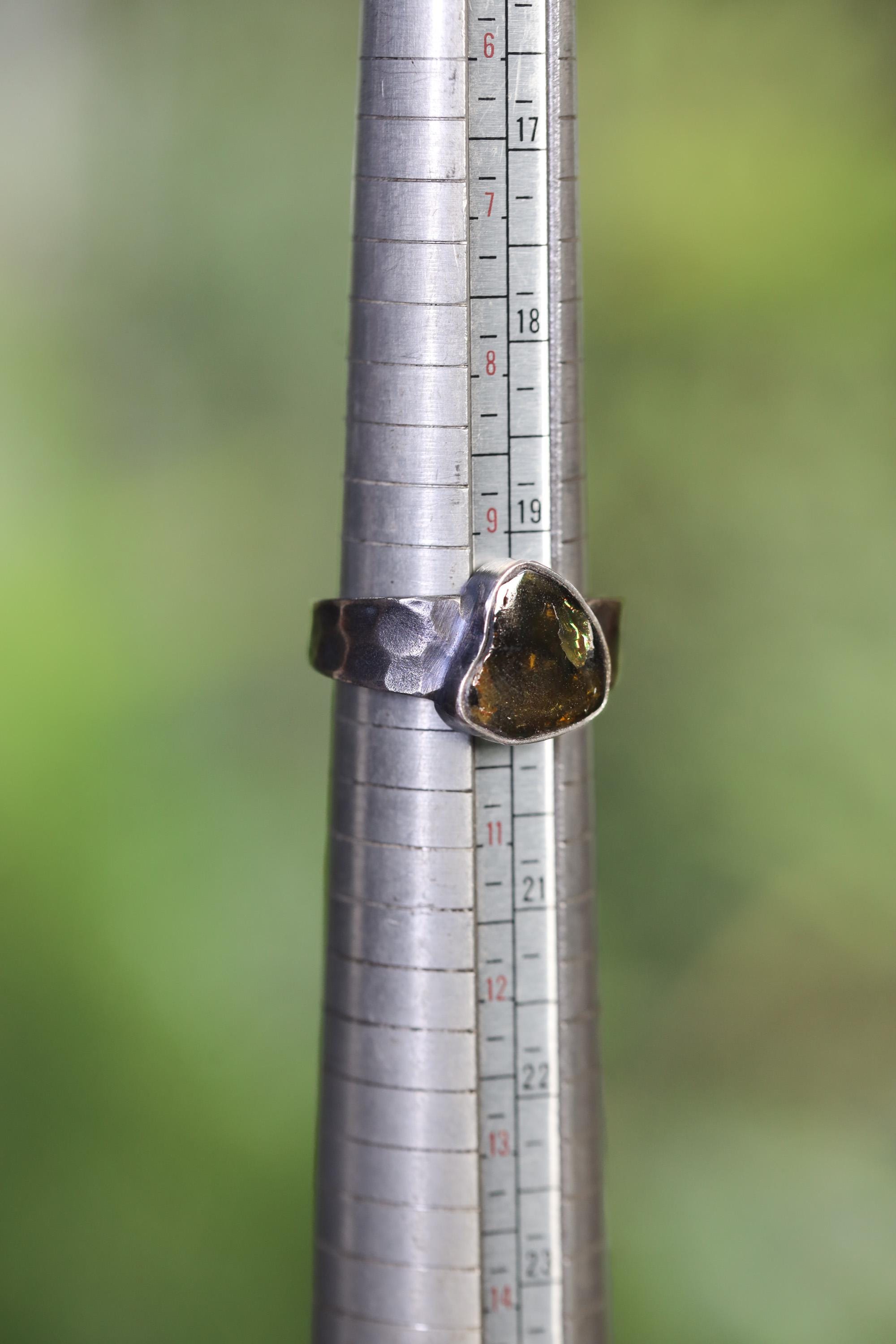 Freeform Polished Green Gem Tourmaline Slice Ring 925 Silver Oxidized Hammered Band Men Size 10 Heart Chakra Energy Gift