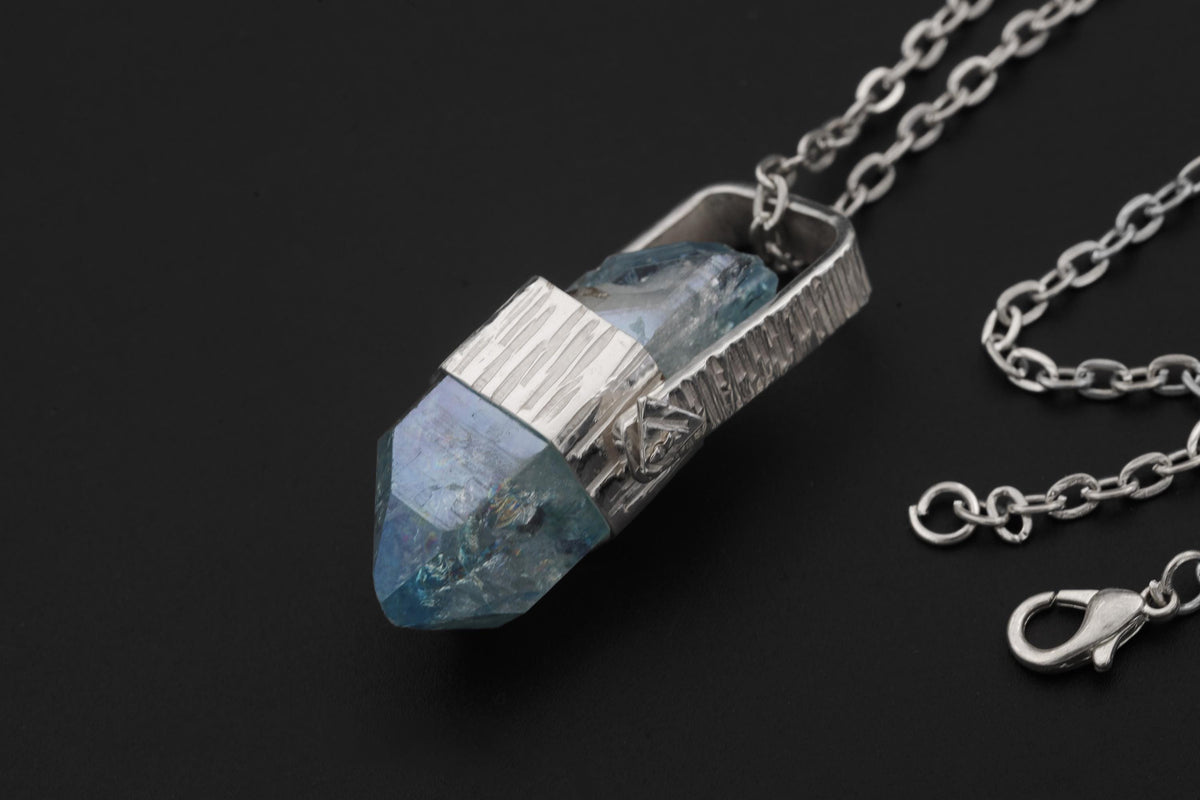 Double Terminated Rainbow Inclusion Window Aqua Aura Quartz Point Pendant Silver, High Shine Hammered Wrap, Hinged Bail, Crystal Jewelry