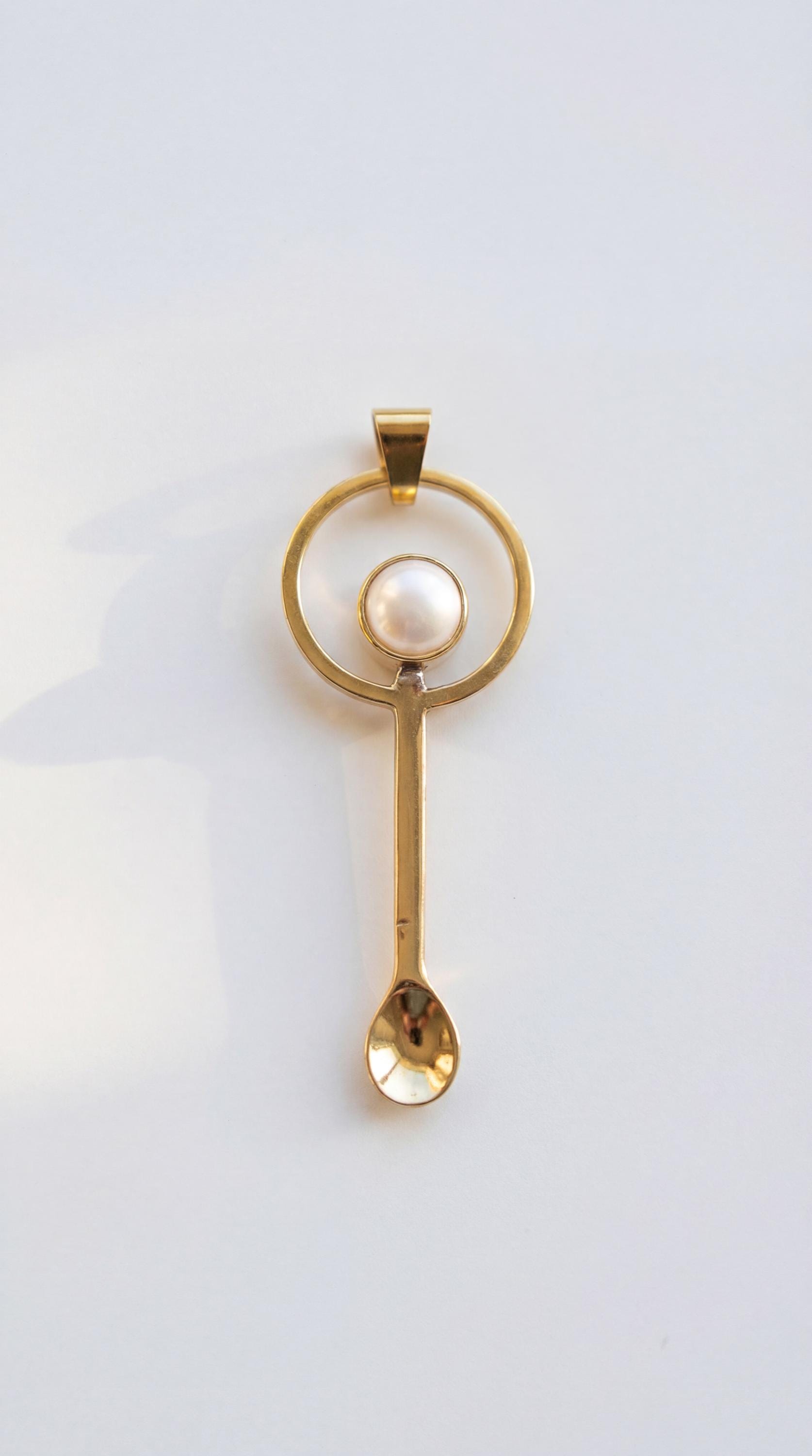 South Sea Pearl Spoon Pendant Gold Plated Brass Cast Fairy Spoon Necklace Ritual Spice Spoon Crown Chakra Gift