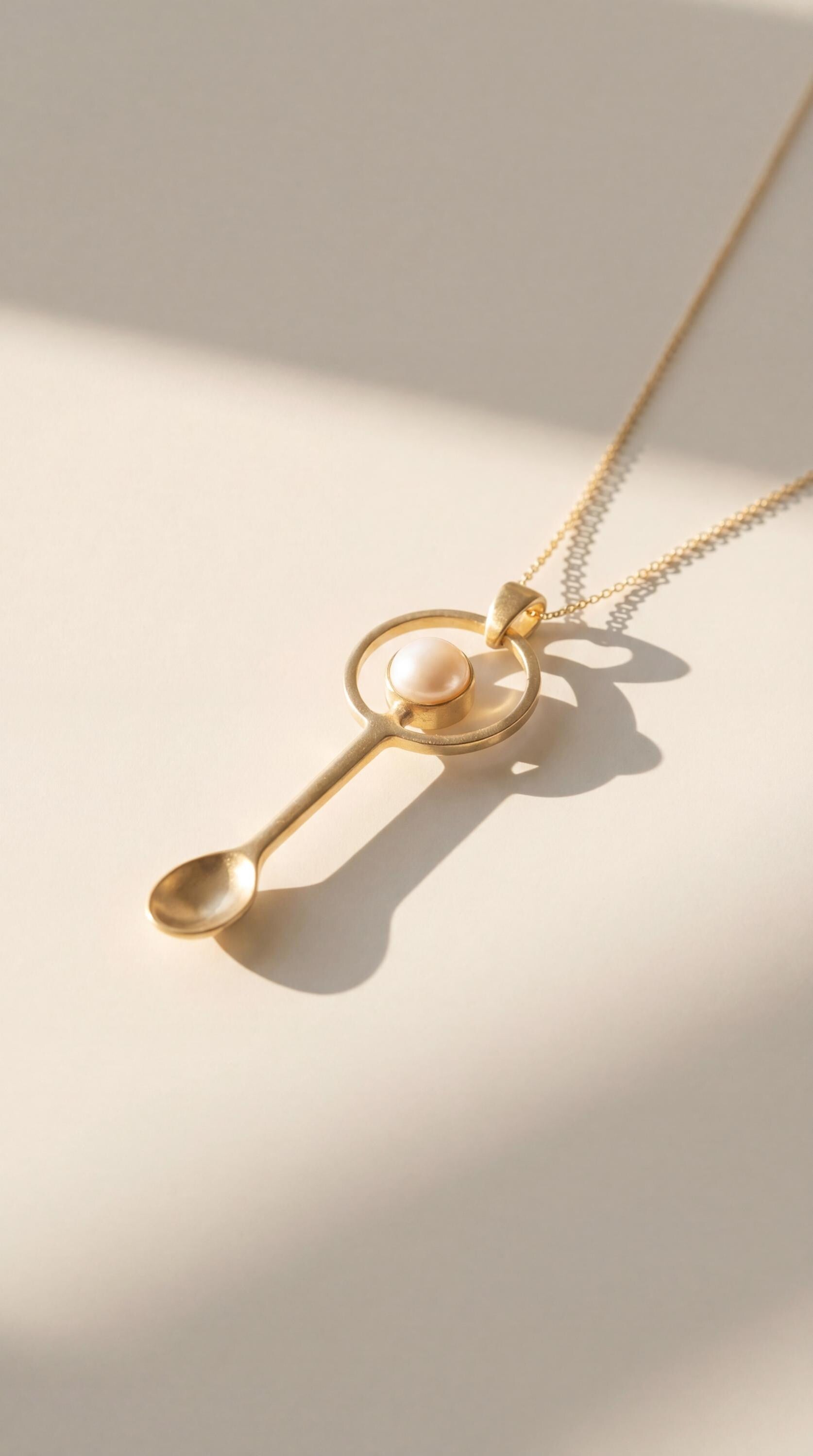 South Sea Pearl Spoon Pendant Gold Plated Brass Cast Fairy Spoon Necklace Ritual Spice Spoon Crown Chakra Gift