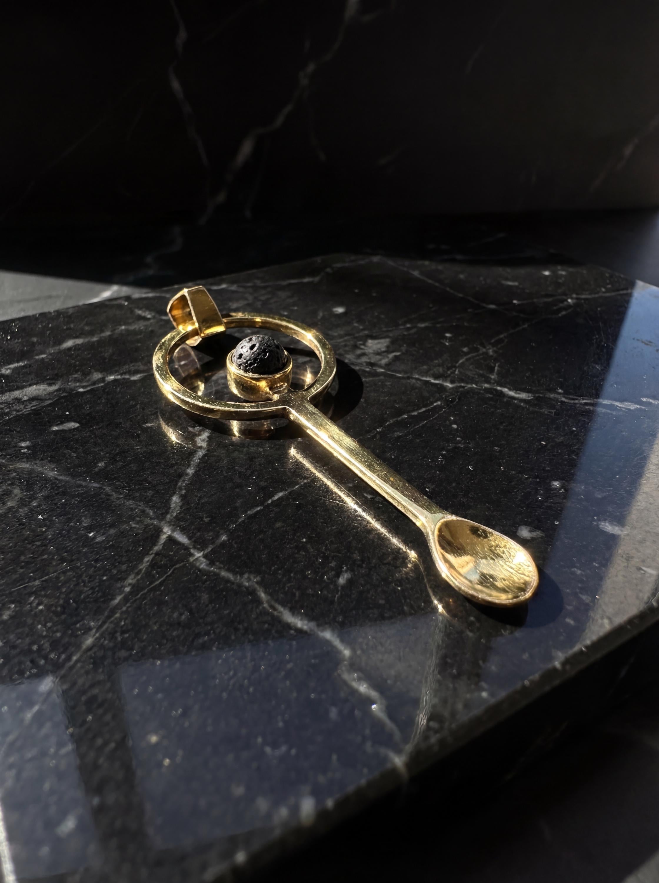 Volcanic Stone Spoon, Gold Plated Brass Ritual Spoon, Mount Agung Lava Rock Spice Spoon, Fairy Pixie Feeder Gift