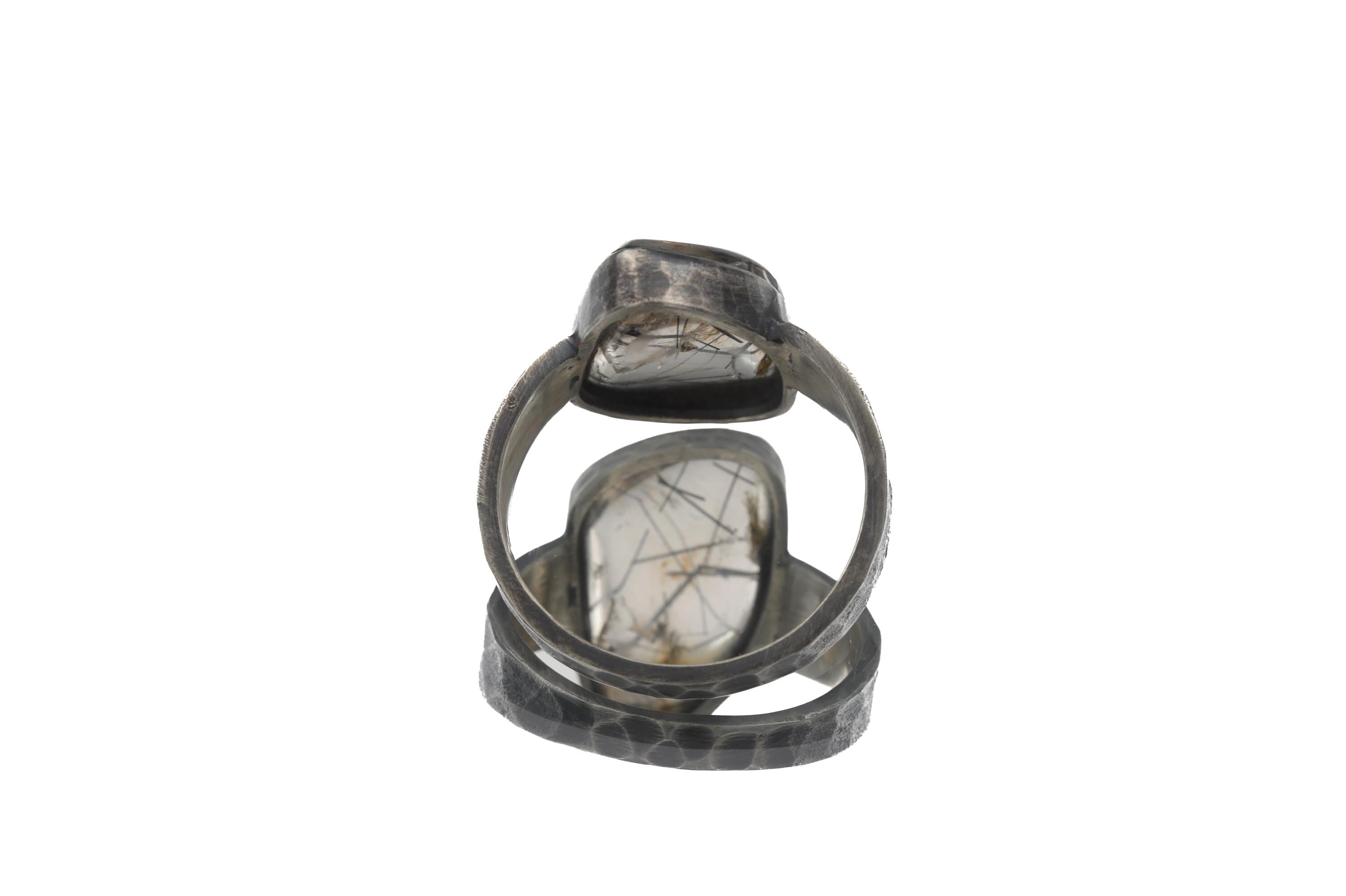Men's Black Rutile Quartz Ring, Hammered Oxidized Sterling Silver, Size 12