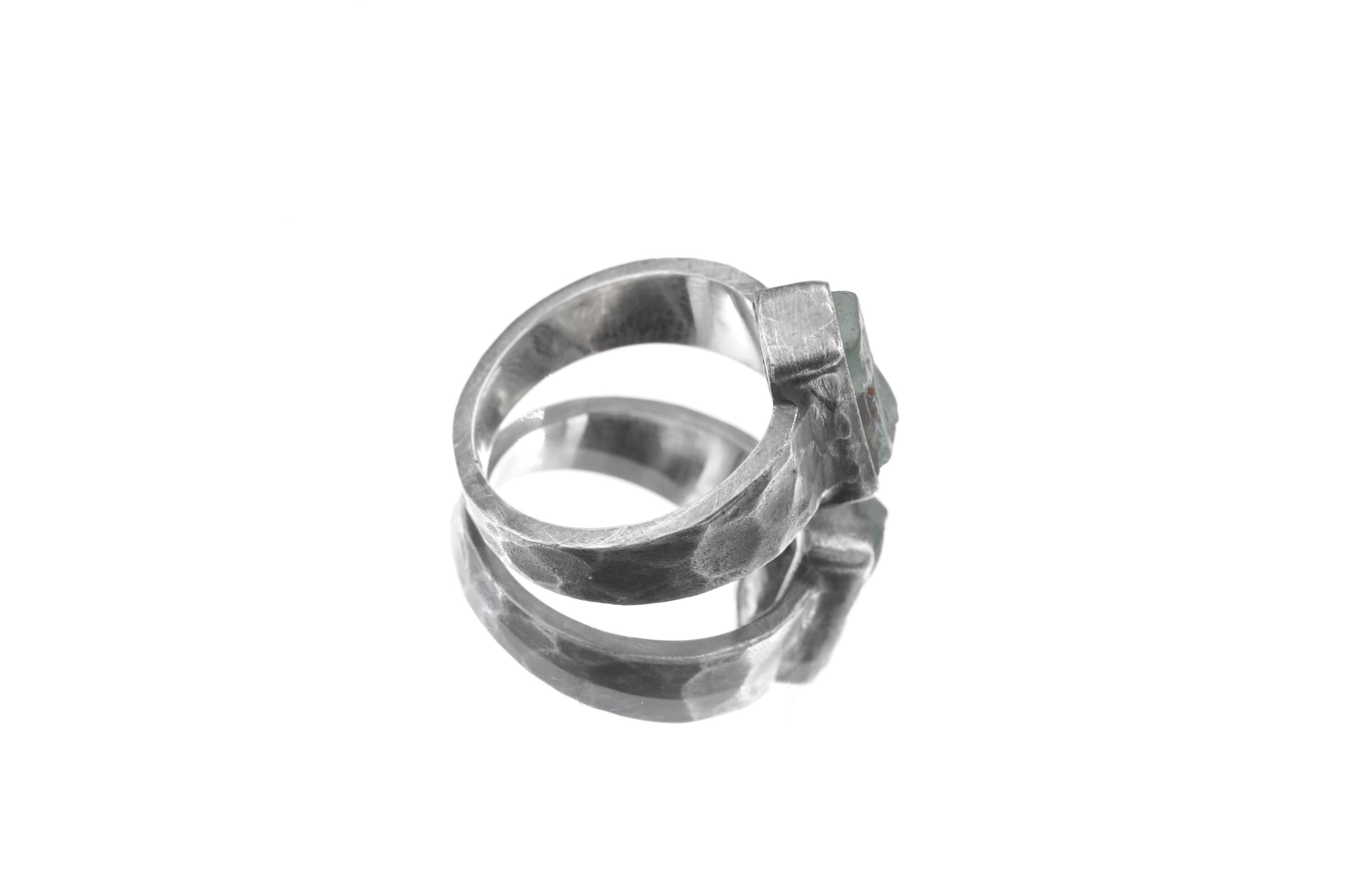 Australian Aquamarine Specimen Ring 925 Sterling Silver Oxidized Hammered Mens Ring Throat Heart Chakra Pisces Gift