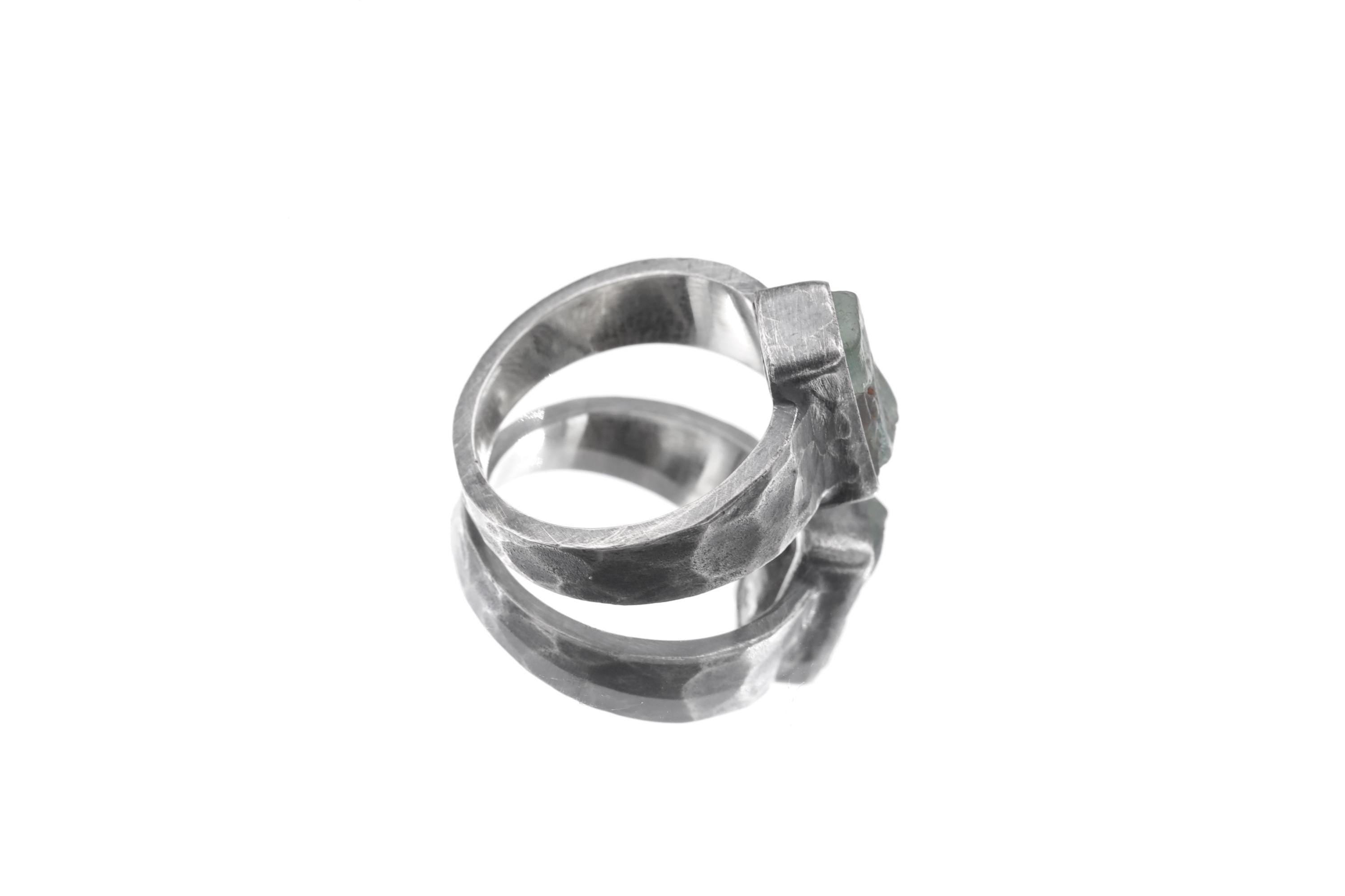 Australian Aquamarine Ring: Hammered Oxidized 925 Silver, Size 8