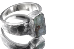 Australian Aquamarine Ring: Hammered Oxidized 925 Silver, Size 8