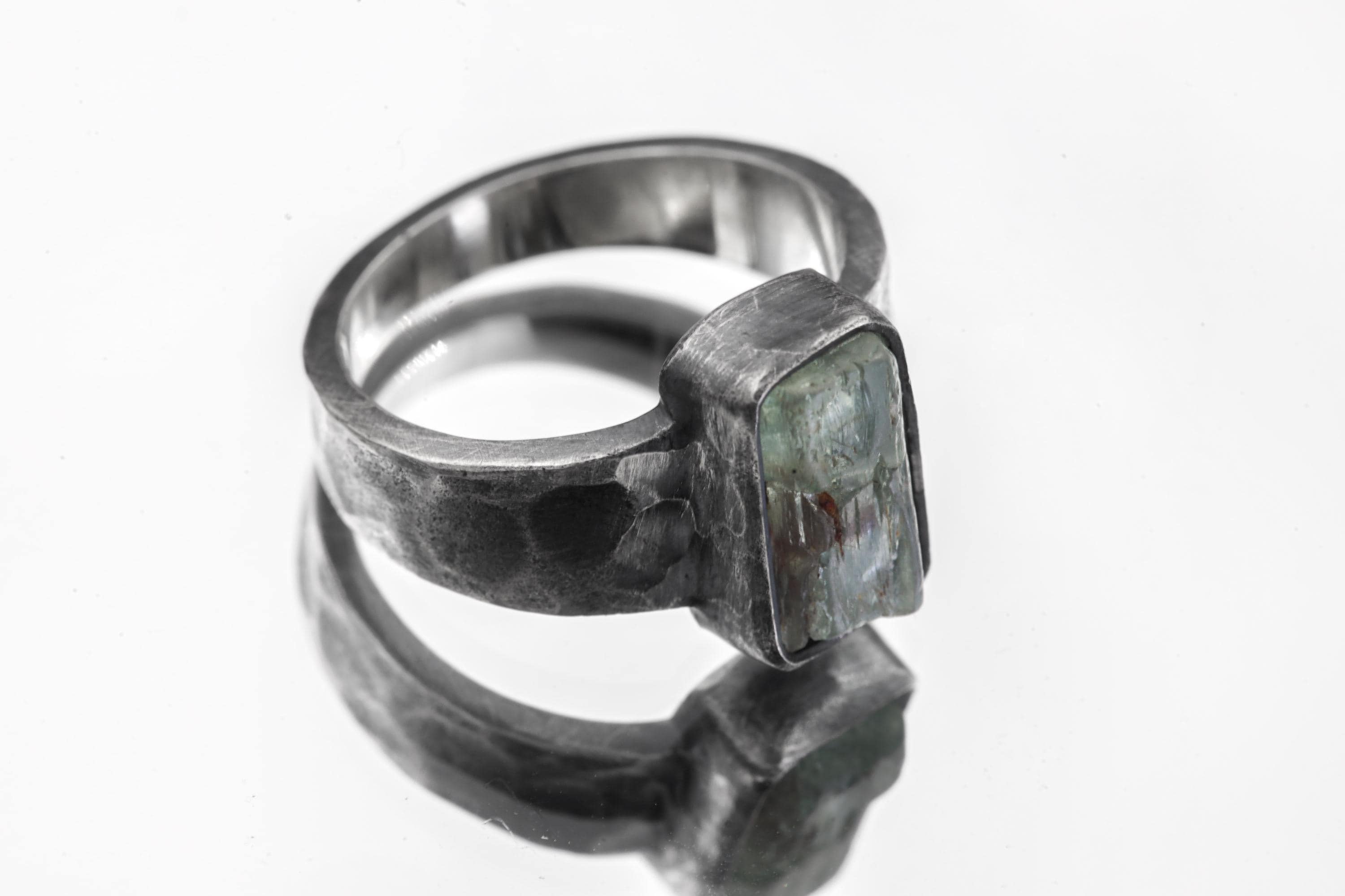 Australian Aquamarine Specimen Ring 925 Sterling Silver Oxidized Hammered Mens Ring Throat Heart Chakra Pisces Gift