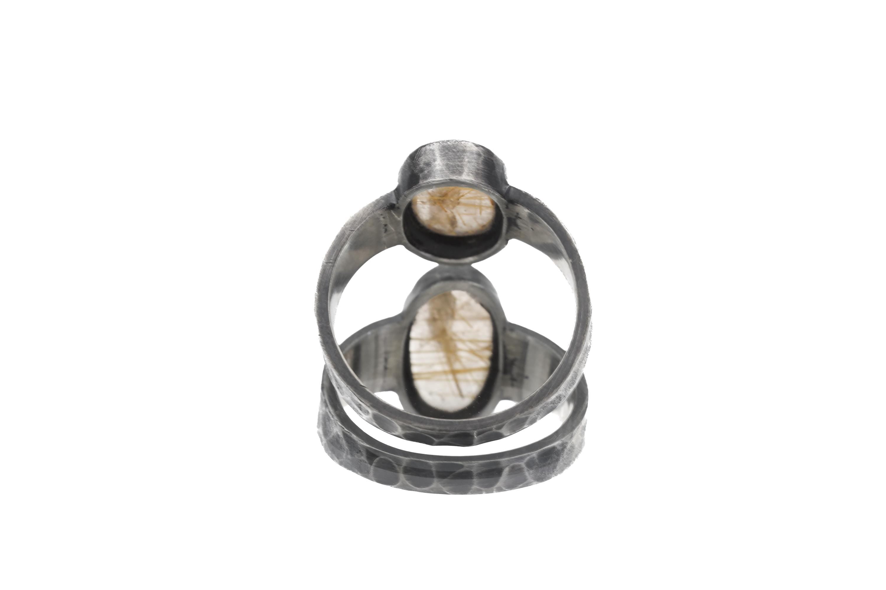 Gold Rutilated (Angle Hair) Clear Quartz Ring 925 Silver Oval Cabochon High Grade Stone Hammered Oxidised Band Solar Plexus Chakra Jewelry