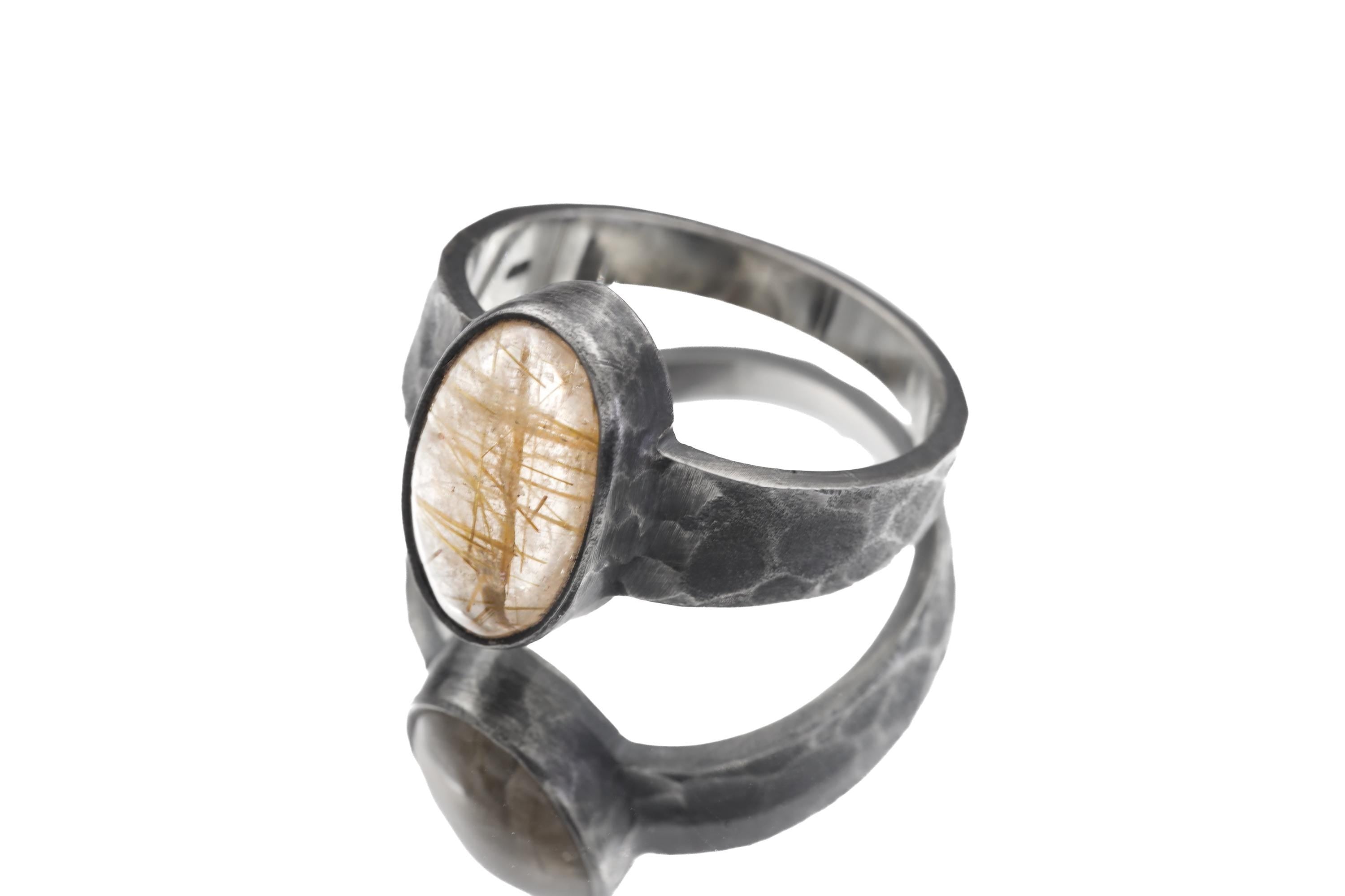 Gold Rutilated (Angle Hair) Clear Quartz Ring 925 Silver Oval Cabochon High Grade Stone Hammered Oxidised Band Solar Plexus Chakra Jewelry