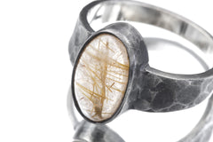 Gold Rutilated (Angle Hair) Clear Quartz Ring 925 Silver Oval Cabochon High Grade Stone Hammered Oxidised Band Solar Plexus Chakra Jewelry