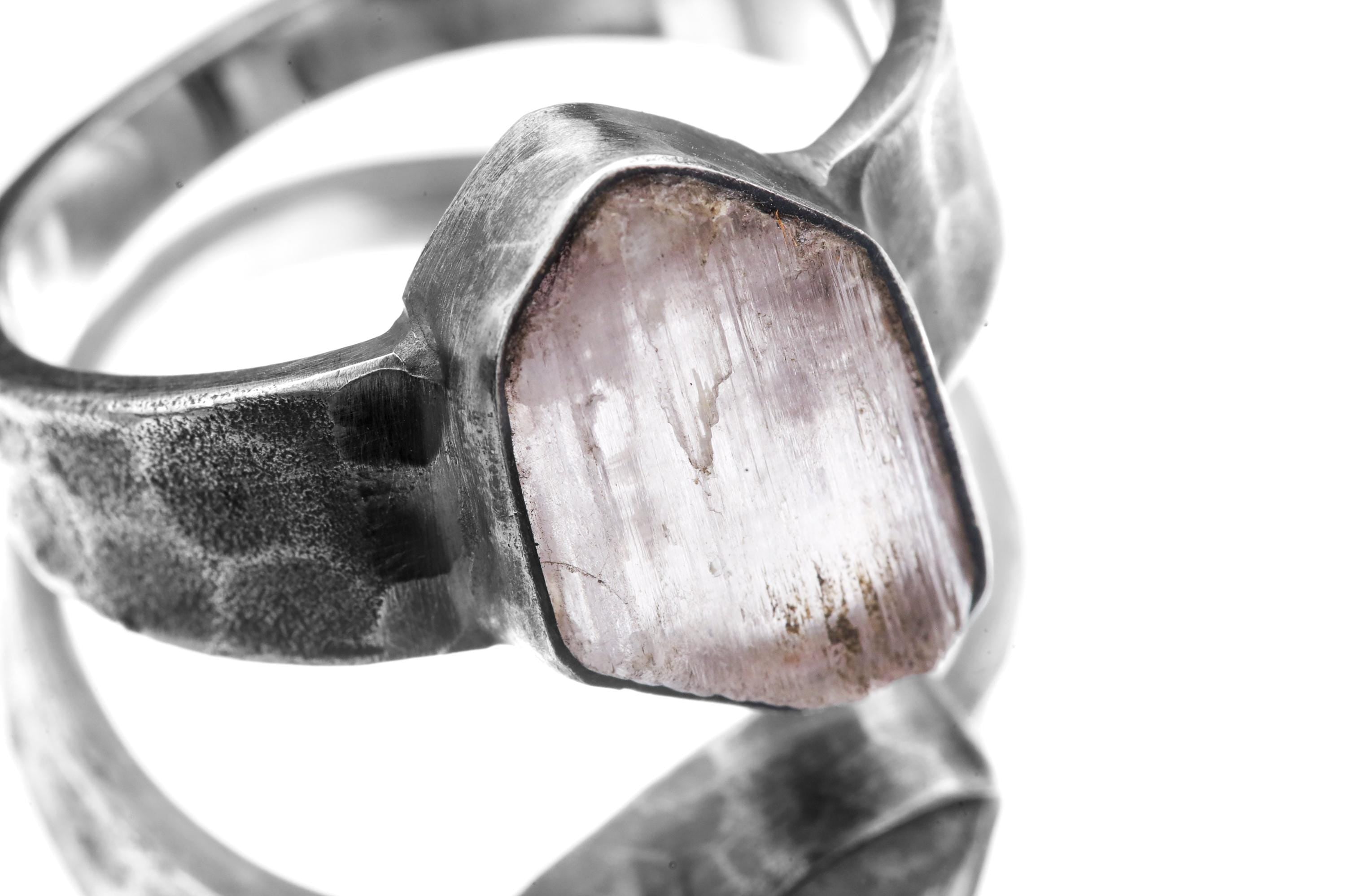 Raw Kunzite Spodumene Ring, Hammered 925 Silver Band