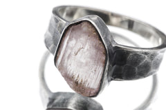 Raw Kunzite Spodumene Ring, Hammered 925 Silver Band