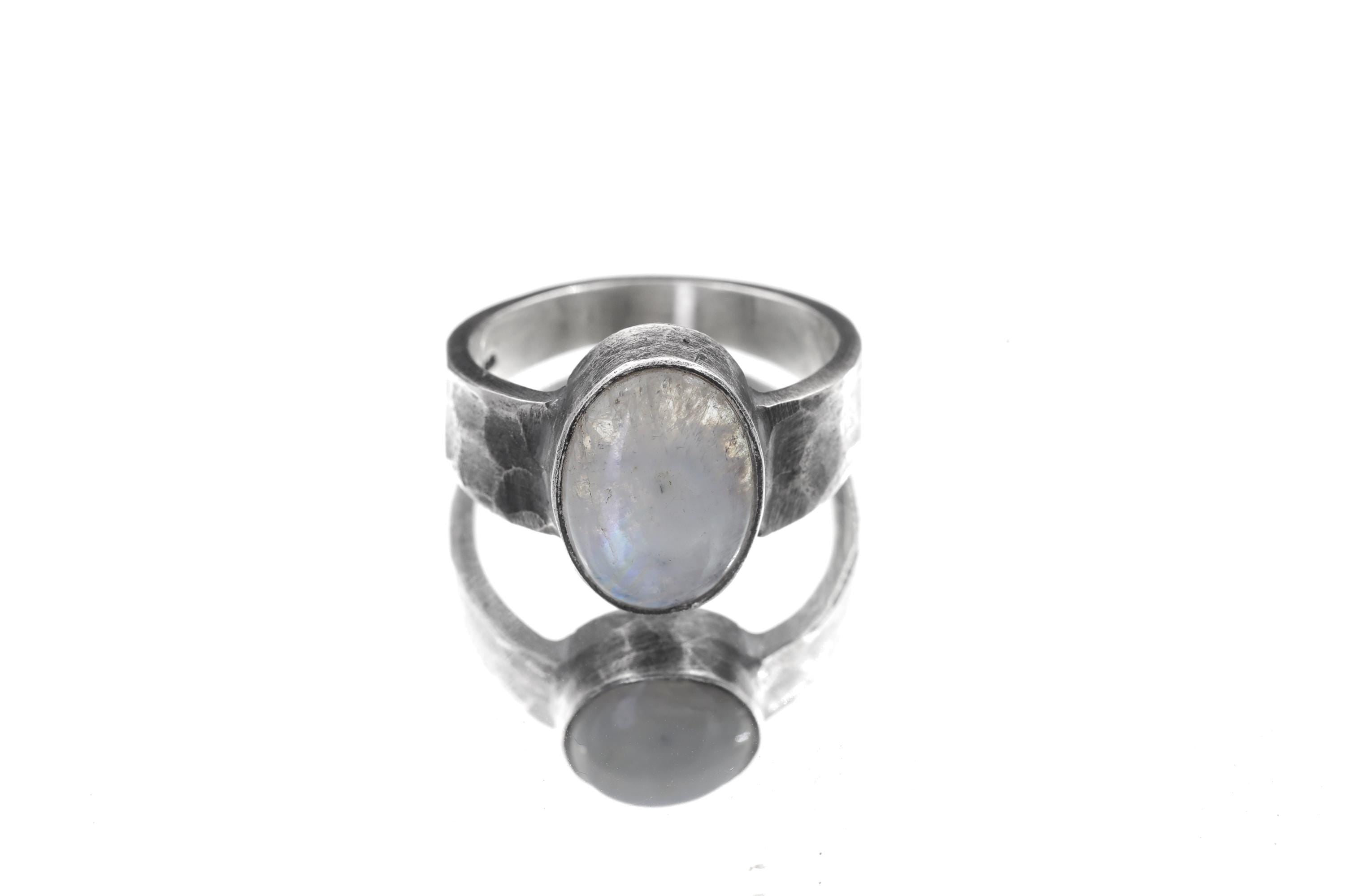 Blue Moonstone Ring, Hammered Oxidized 925 Sterling Silver, Size 8