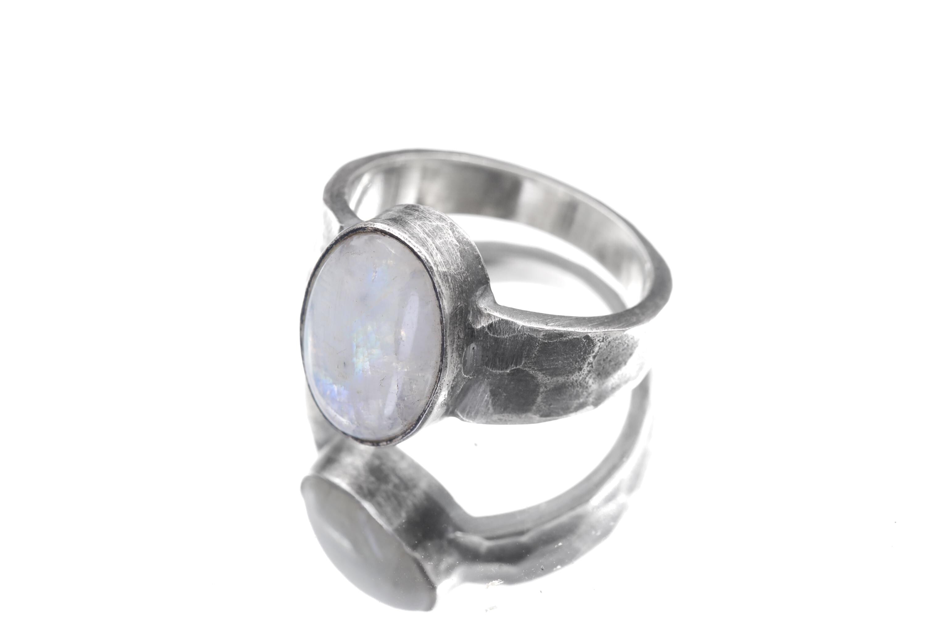 Blue Moonstone Ring, Hammered Oxidized 925 Sterling Silver, Size 8