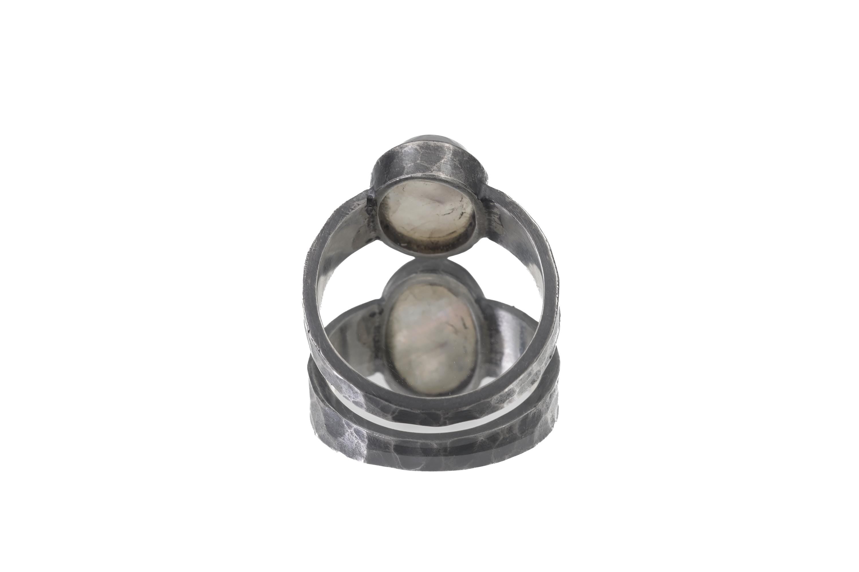 AAA Blue Moonstone Mens Ring 925 Sterling Silver Oxidized Hammered Band Oval Cabochon Crown Chakra Gift