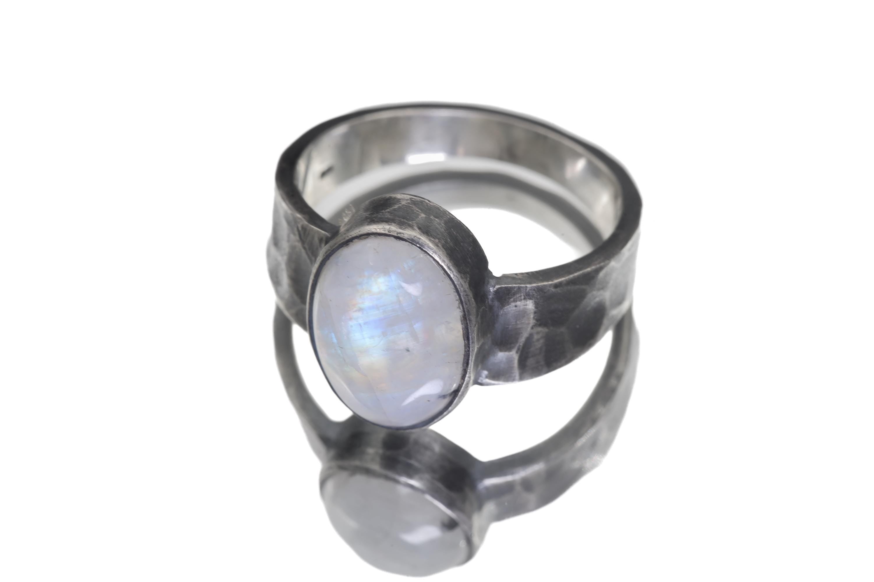 AAA Blue Moonstone Mens Ring 925 Sterling Silver Oxidized Hammered Band Oval Cabochon Crown Chakra Gift