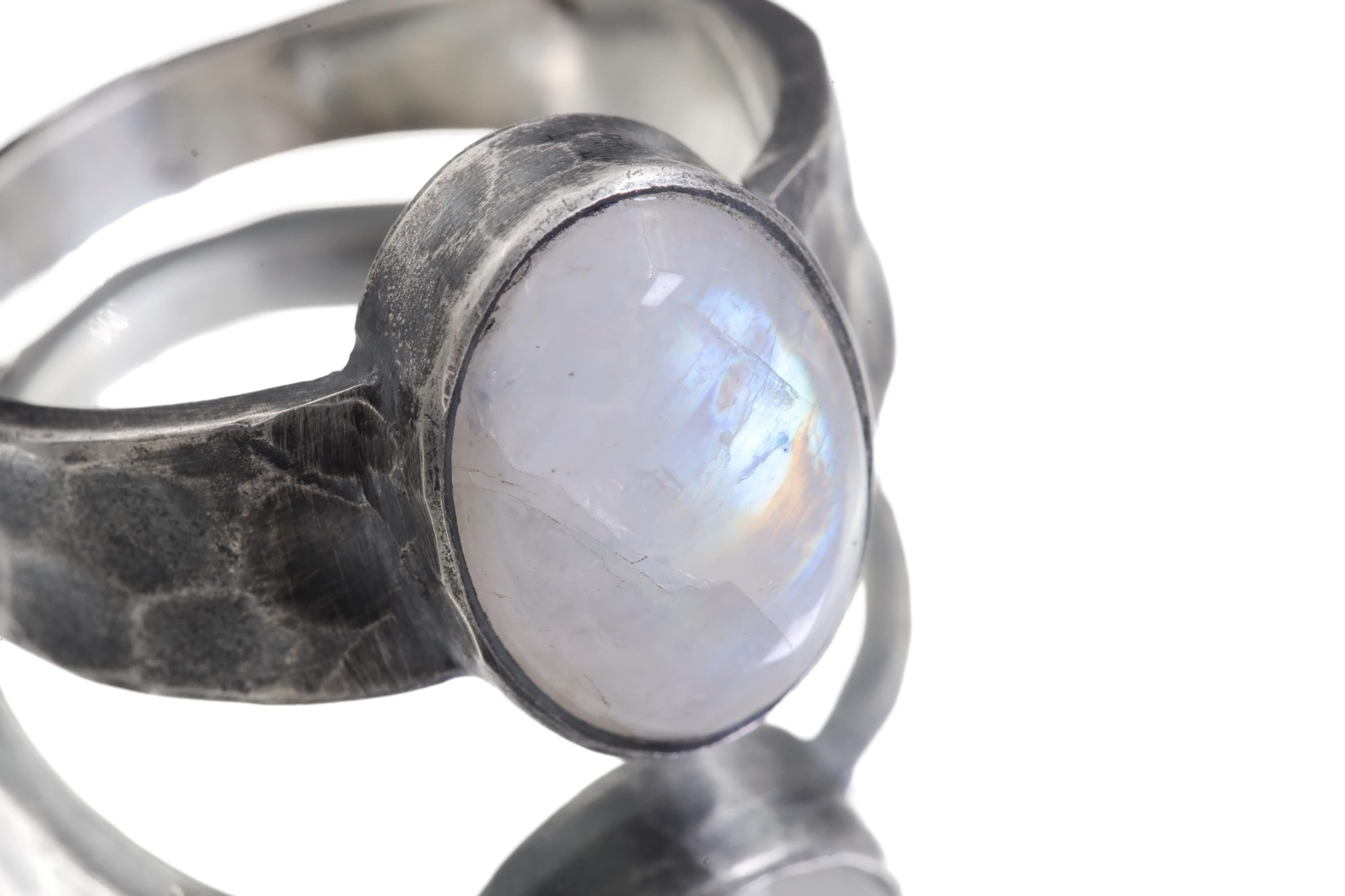 AAA Grade Blue Moonstone Feldspars Oval Cabochon, Ring Men’s Size 11, 925 Silver Hammered Oxidised, Chakra Energy Jewelry,